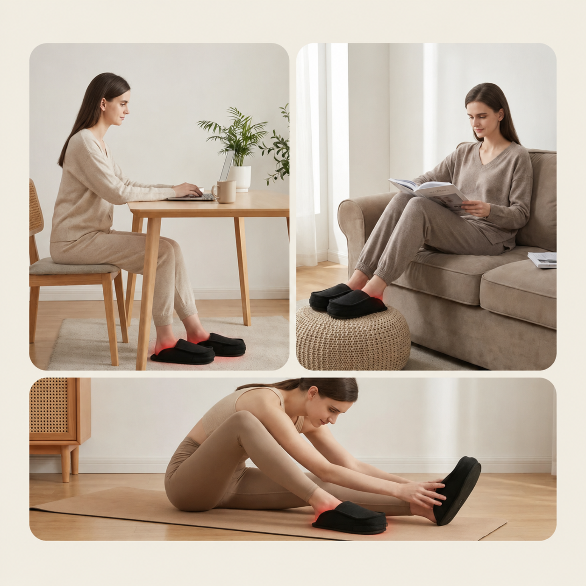 showing 3 sections work, rest, and recovery with a woman wearing the Nicebeam red light therapy slippers