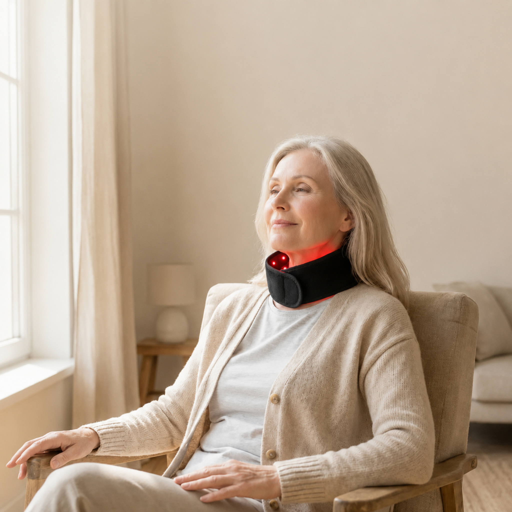 Woman using Nicebeam red light therapy strap on her neck