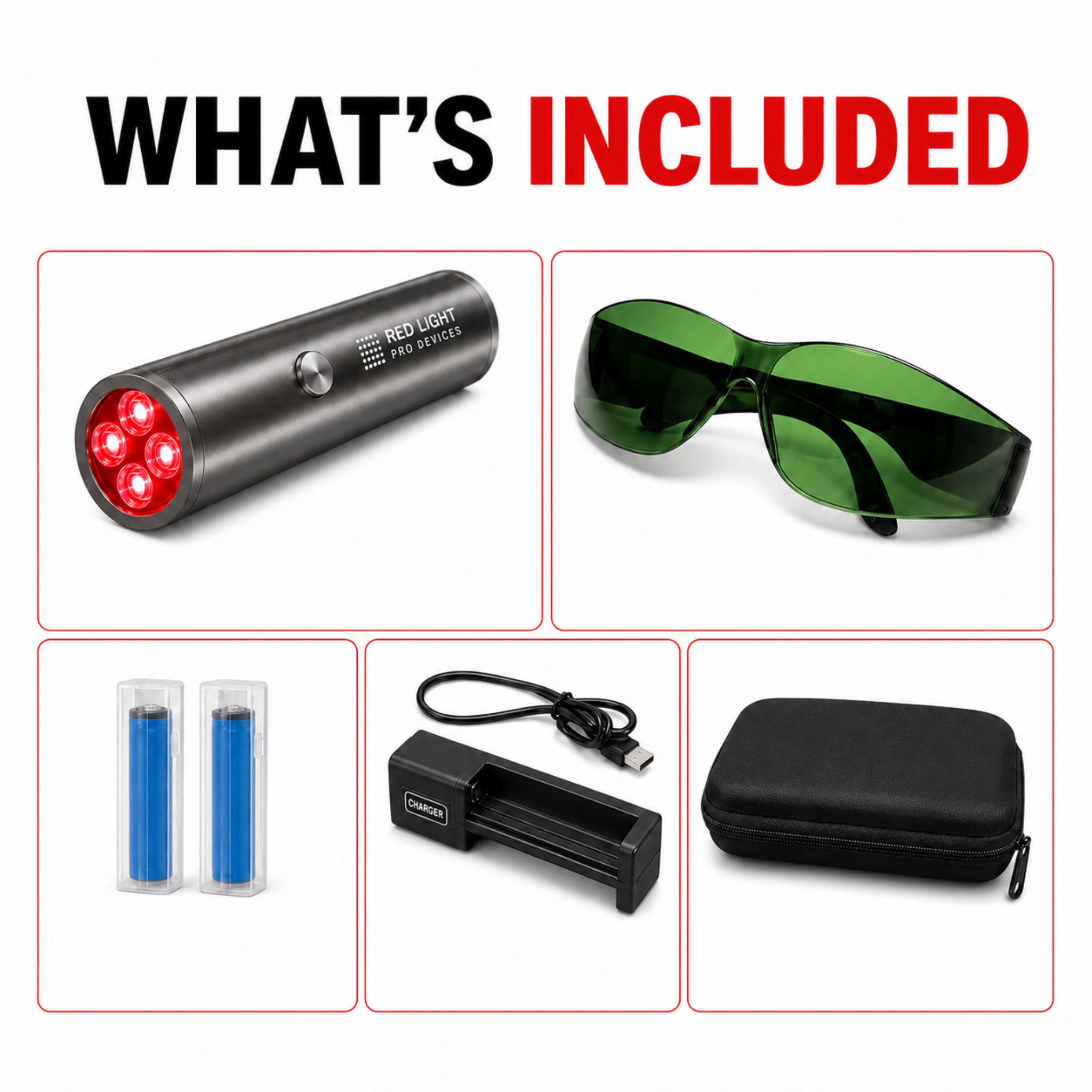 Red Light Pro Devices LED Torch – 5-Wavelength Portable Red & Near-Infrared Light Therapy what's included items