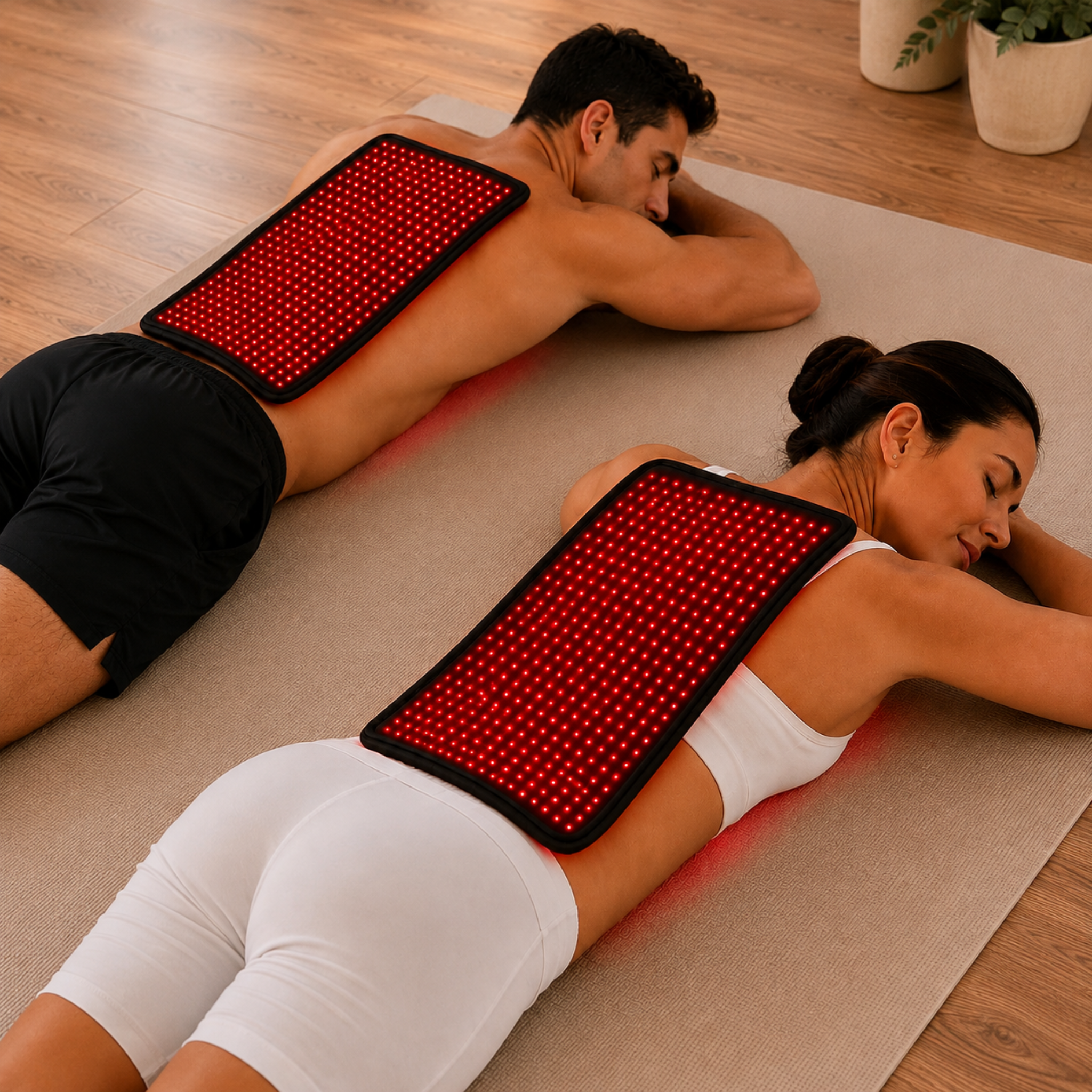 Red Light Pro Devices Medium Red Light Therapy Pad | 16" x 11" | 1,188 LEDs in use by two people on a mat.