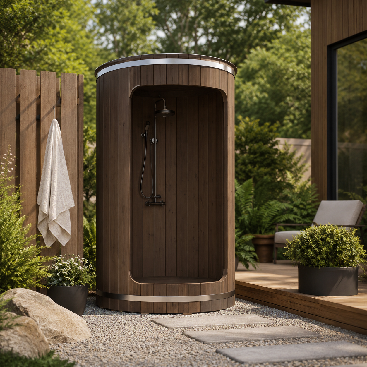 SaunaLife barrel outdoor shower enclosure in a garden setting with plants and a wooden deck.