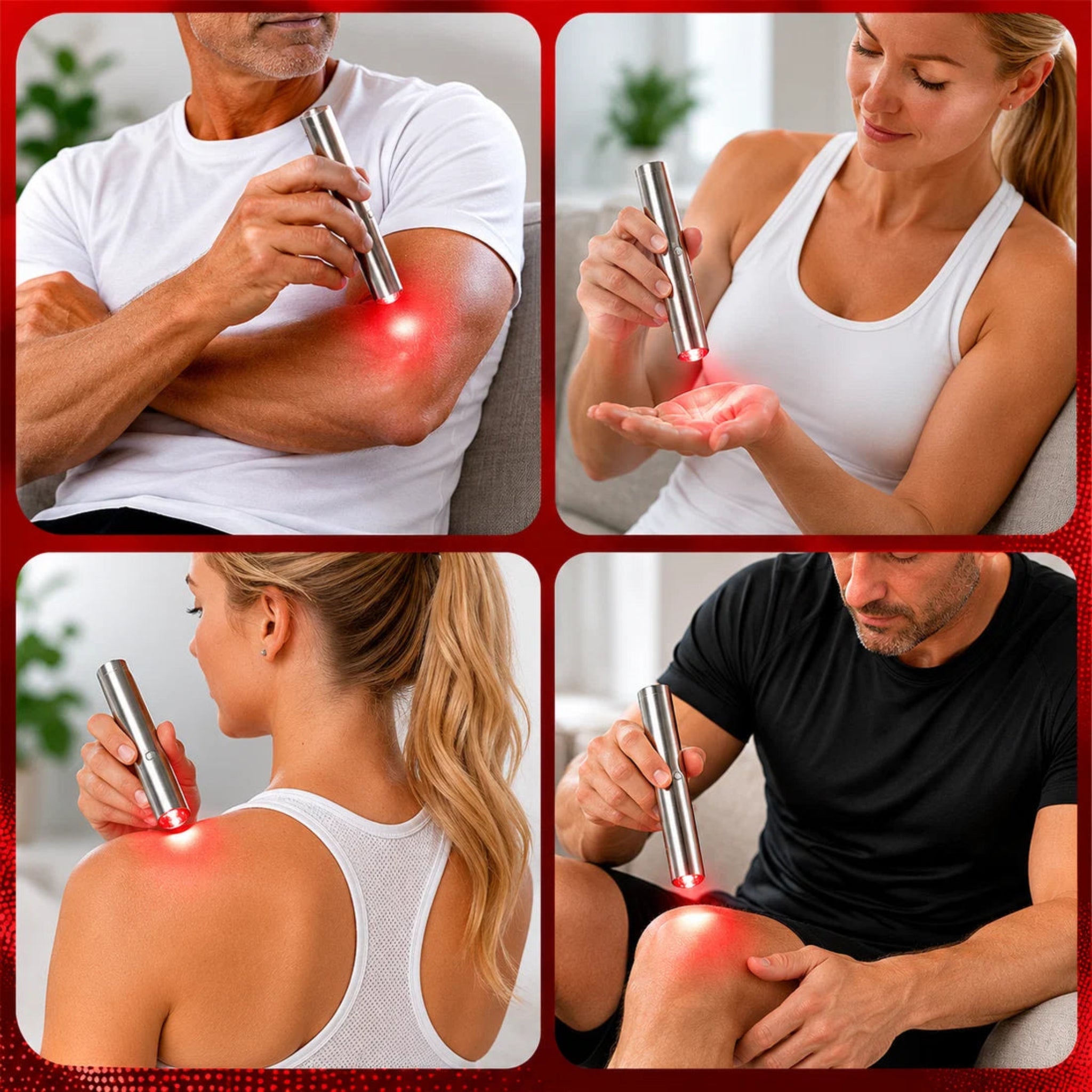 Red Light Pro Devices LED Torch – 5-Wavelength Portable Red & Near-Infrared Light Therapy in use on various body parts.