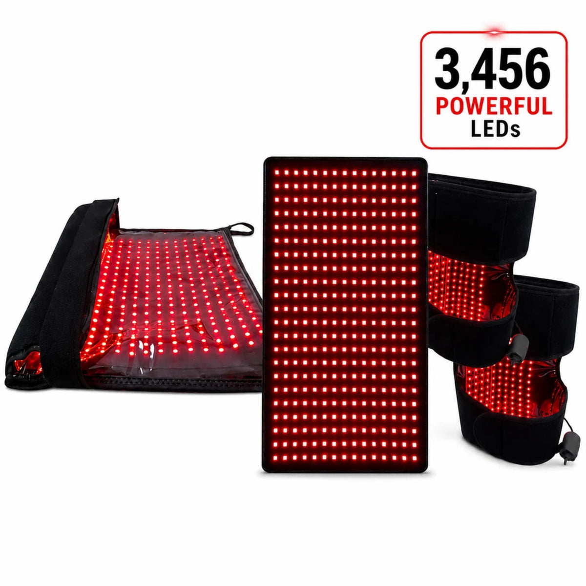 Red light therapy device set with a rectangular panel of glowing red LEDs, a black carrying pouch, and two wearable cuff-style units on a white background, with a badge reading '3,456 POWERFUL LEDs'.