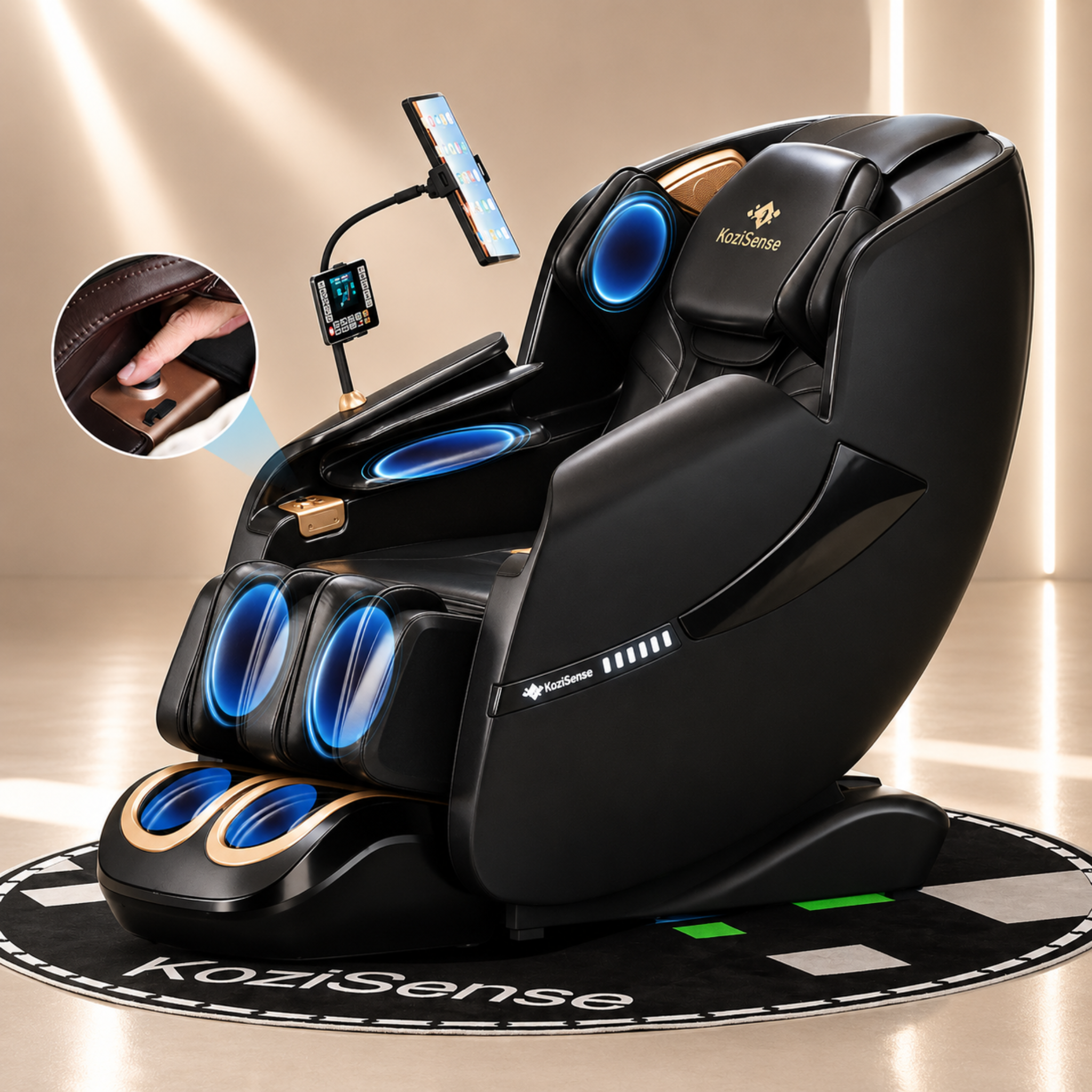 Black  Kozisense massage chair with blue light massage rollers and smartphone holder on a beige 