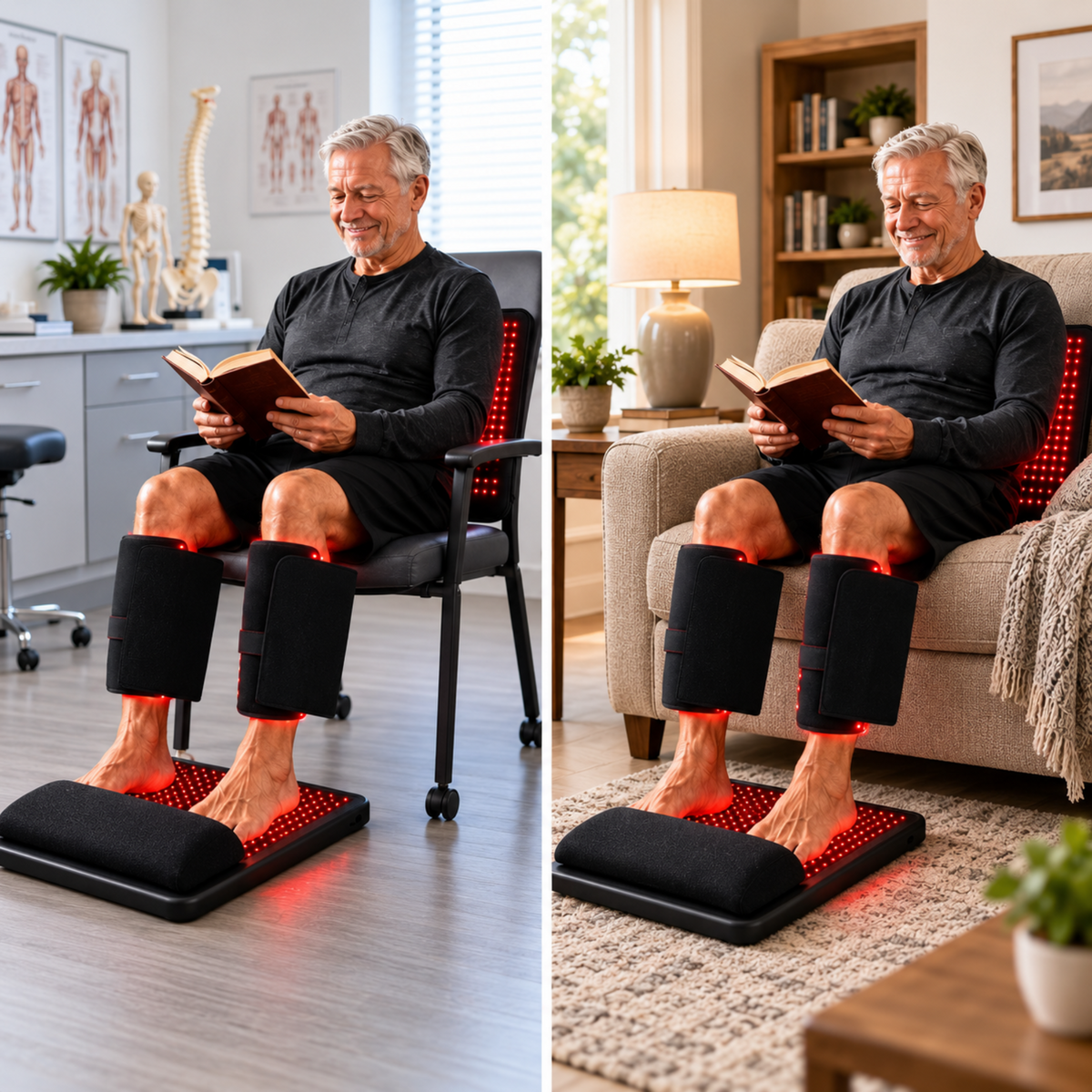 A split-screen lifestyle image showing a man sitting in a chair and a sofa, using a black foot and lower leg massager with red LED light therapy. He is wearing a black long-sleeve shirt and shorts, holding a book in both settings.