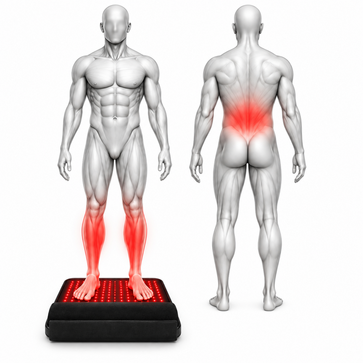 Front and back views of a muscular male model standing on a red light therapy pad, with red highlights indicating muscle activation on the calves and lower back.