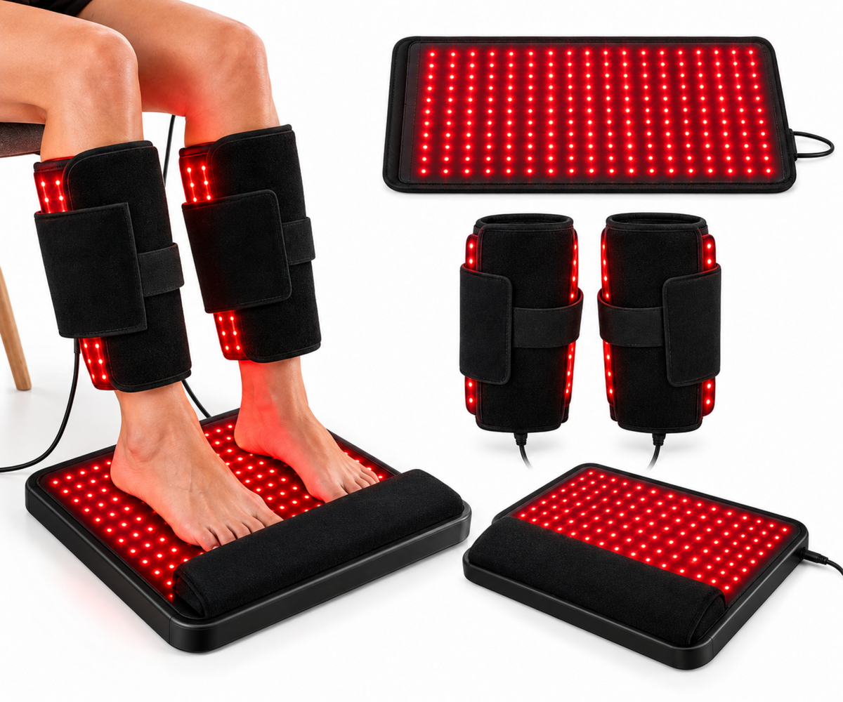 Red light therapy foot and ankle massager set shown with a person's legs wearing black cuffs on the ankles, plus separate views of the rectangular LED pad and two ankle cuffs on a white background.