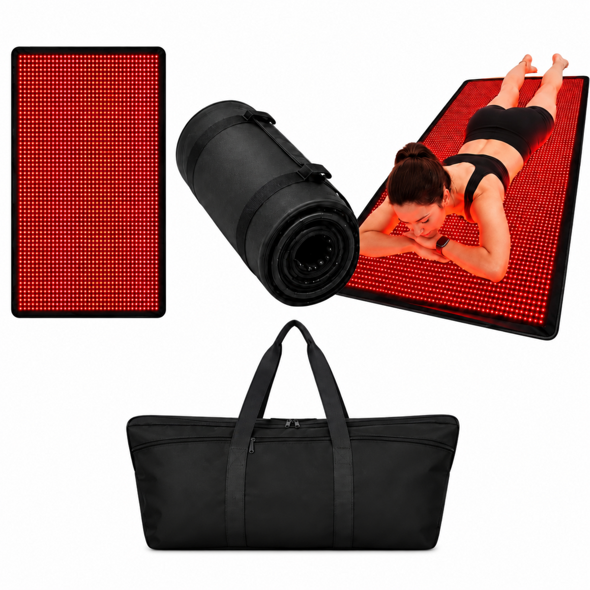 Red LED light therapy mat shown in multiple views: flat view, rolled up, and being used by a woman lying on top. A black carrying bag is also shown below on a white background.