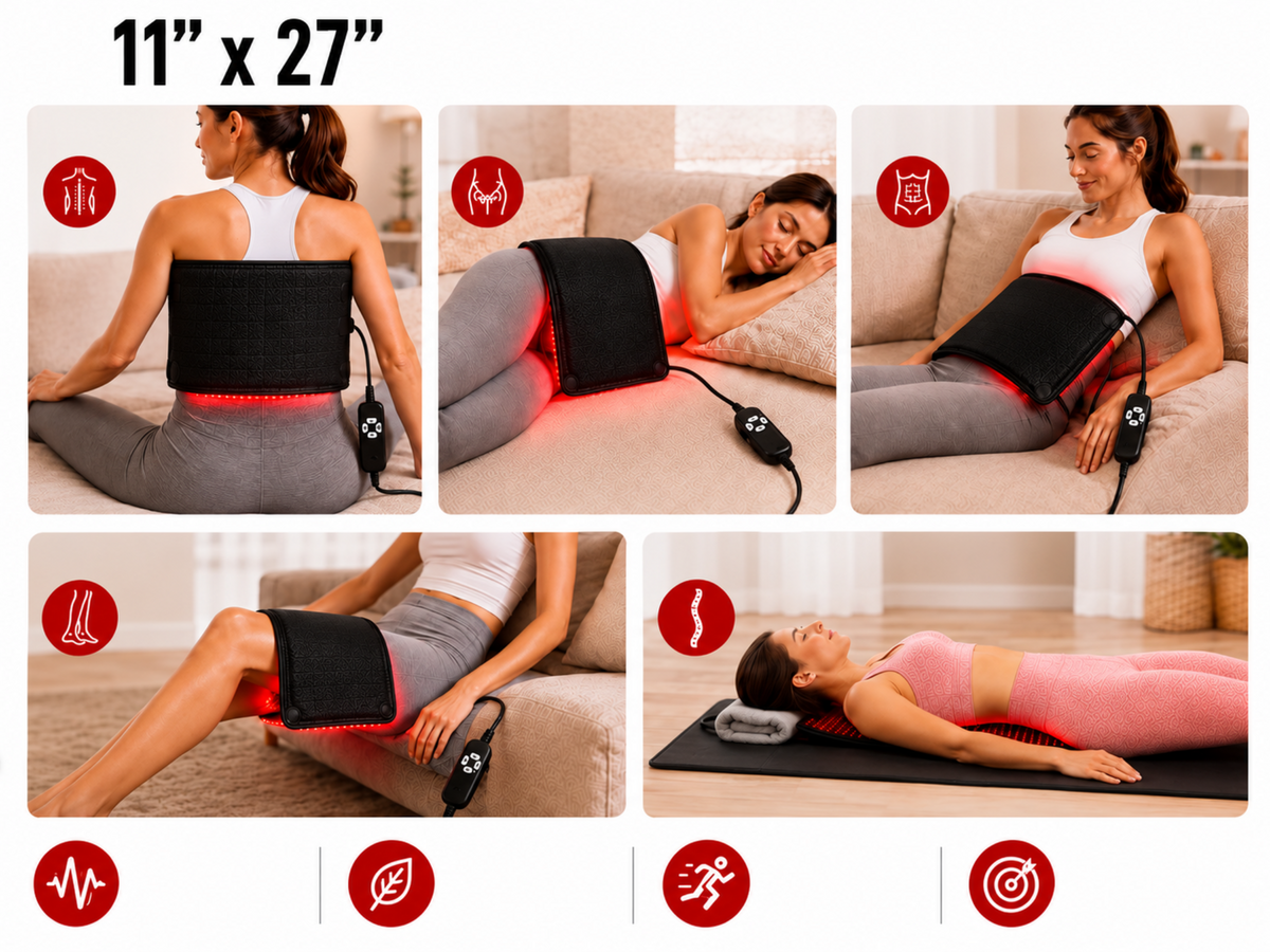 Six-panel collage showing a woman using a black and red heated waist/hip massage pad in different positions: seated on the floor, reclining on a couch, leaning on a sofa, lying on a bed, and lying on a mat. The top text reads '11" x 27"'.