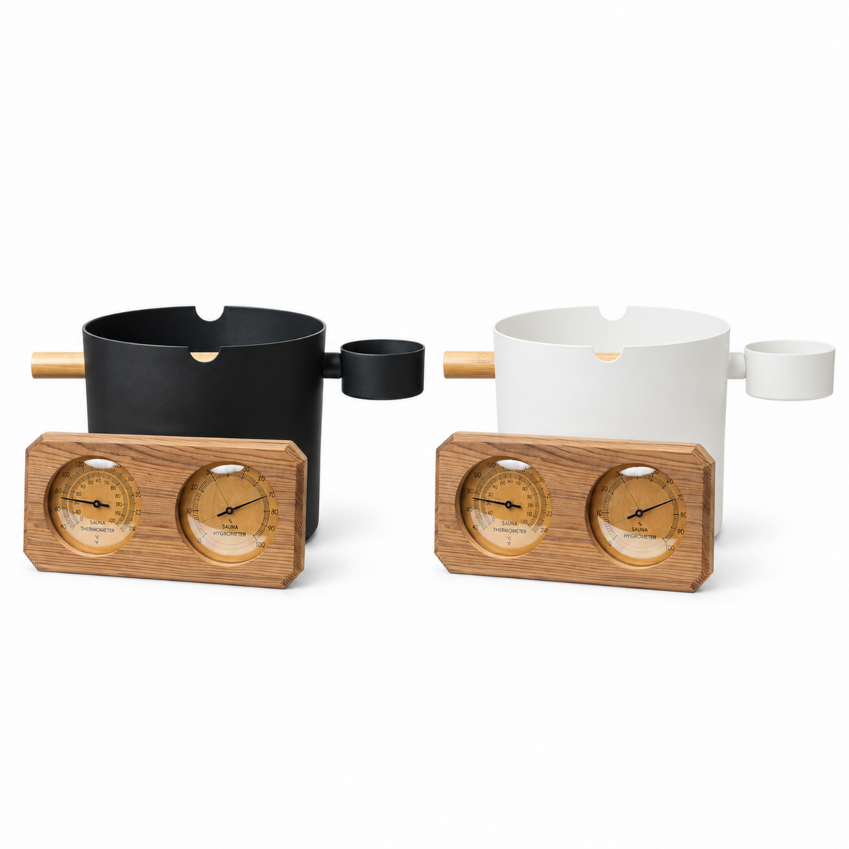 SaunaLife Essentials Set 7 Aluminum Sauna Bucket and Ladle Set w/ Wood Thermometer and Hygrometer shown in black and white options