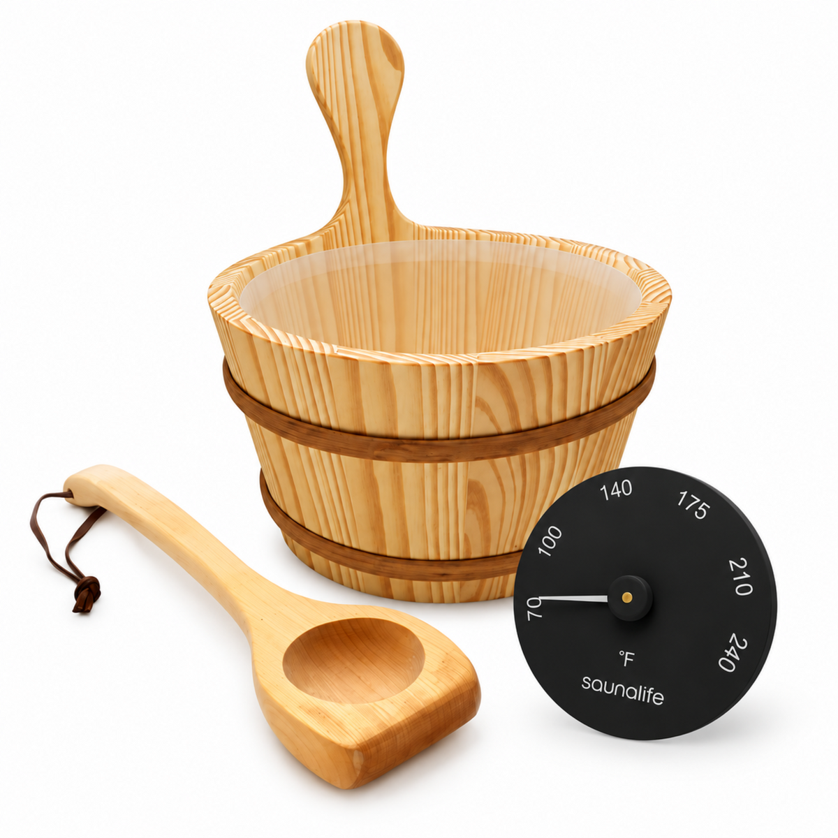 Wood Sauna Bucket and Ladle Set w/ black Thermometer on a white background