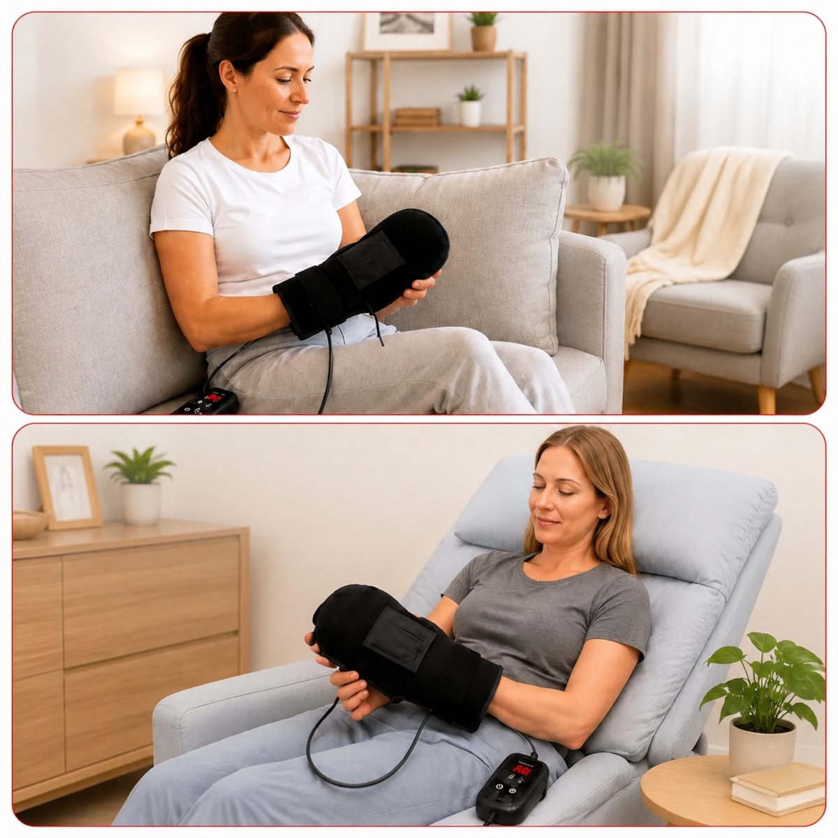 Two women wearing a black red light therapy hand and wrist device in a home setting, one sitting on a gray couch and the other in a light blue recliner chair, with a small black remote control on each.