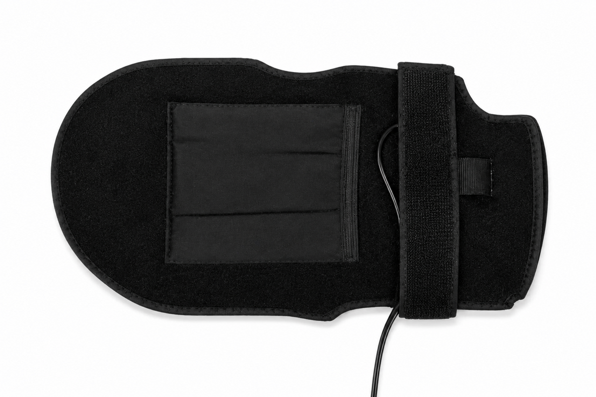 Black red light therapy hand and wrist device with an adjustable hook-and-loop strap and a visible power cord, shown on a plain white background.