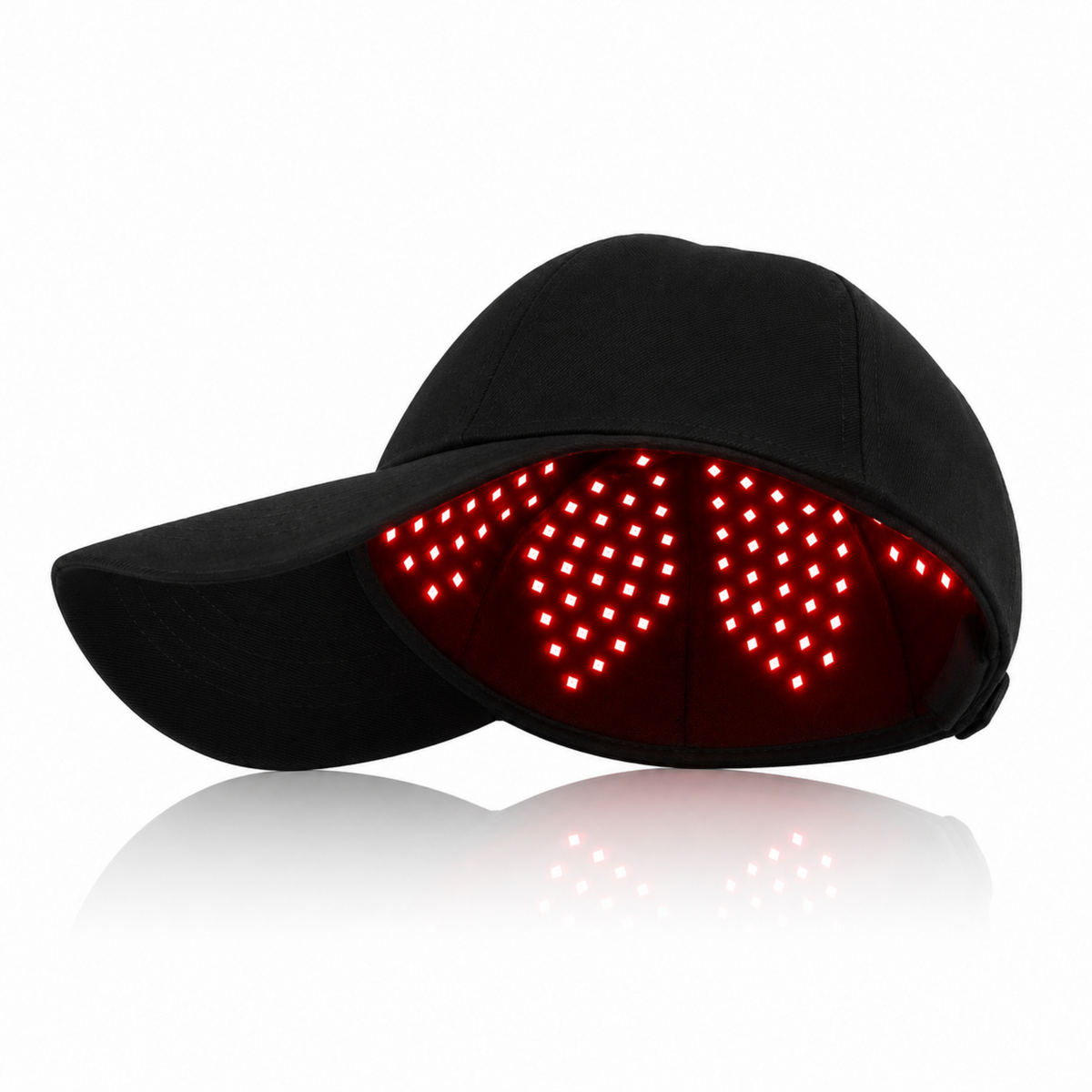 Red Light Pro Device LED light therapy cap shown in profile against a white background, with its red light-emitting diodes illuminated.
