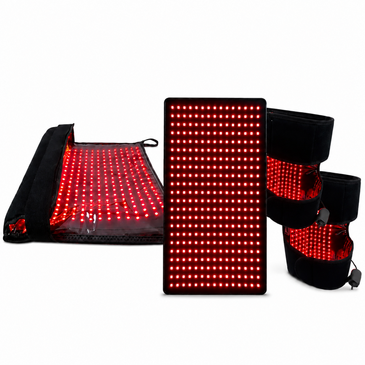 Red light Pro therapy panel set with a rectangular main panel, a foldable mat, and two adjustable wrist bands, all showing illuminated red LED lights on a white background.