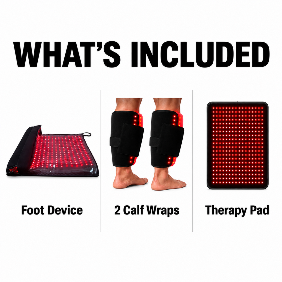 An included-items graphic with the heading 'WHAT'S INCLUDED' showing three product views: a red LED foot device, two black calf wraps being worn on bare feet, and a red LED therapy pad, with labels underneath on a white background.