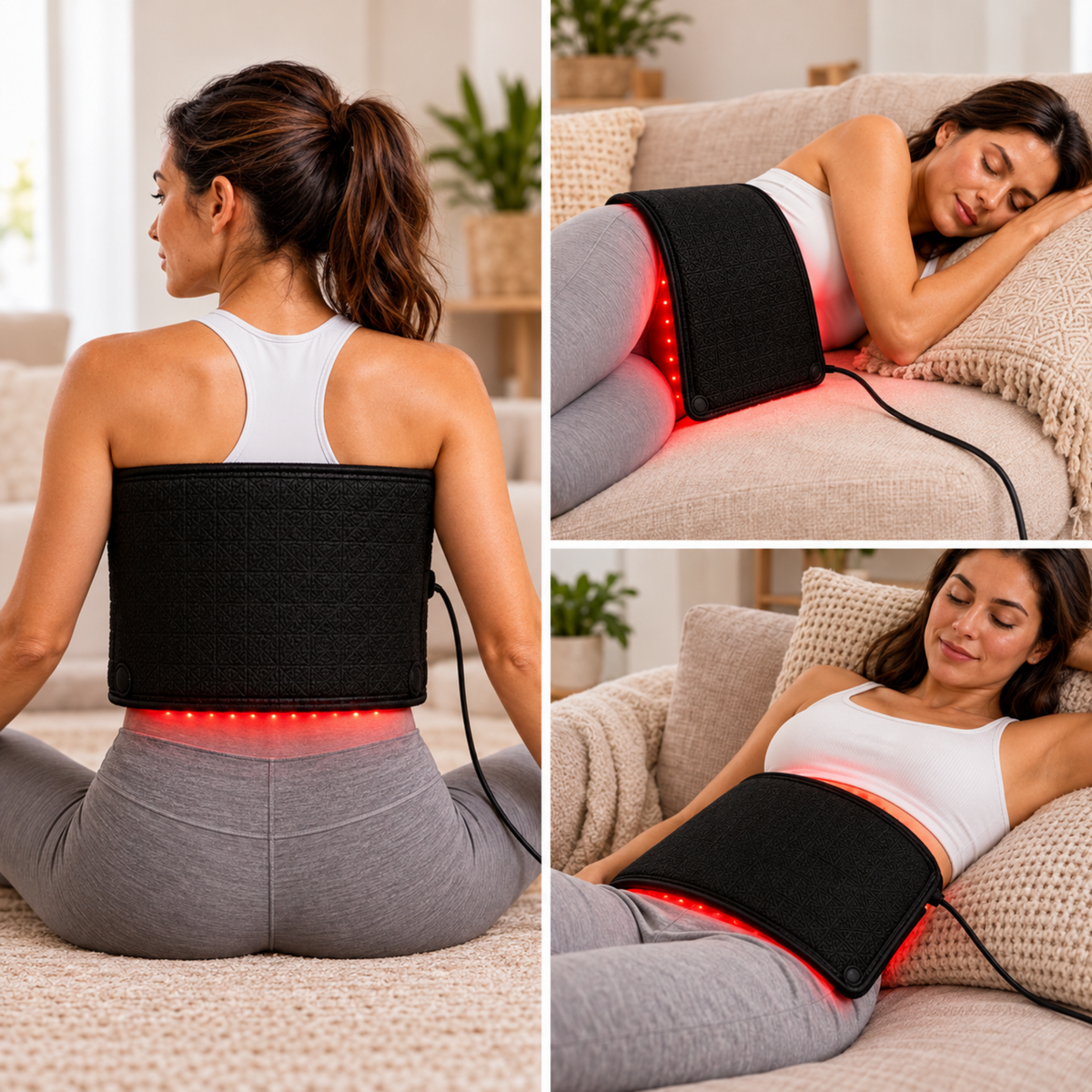 Three-panel collage showing a woman using a black LED light therapy waist blanket on her lower back and hips while sitting and lying down on a couch. The blanket glows with red light, and the product is connected by a black cord.
