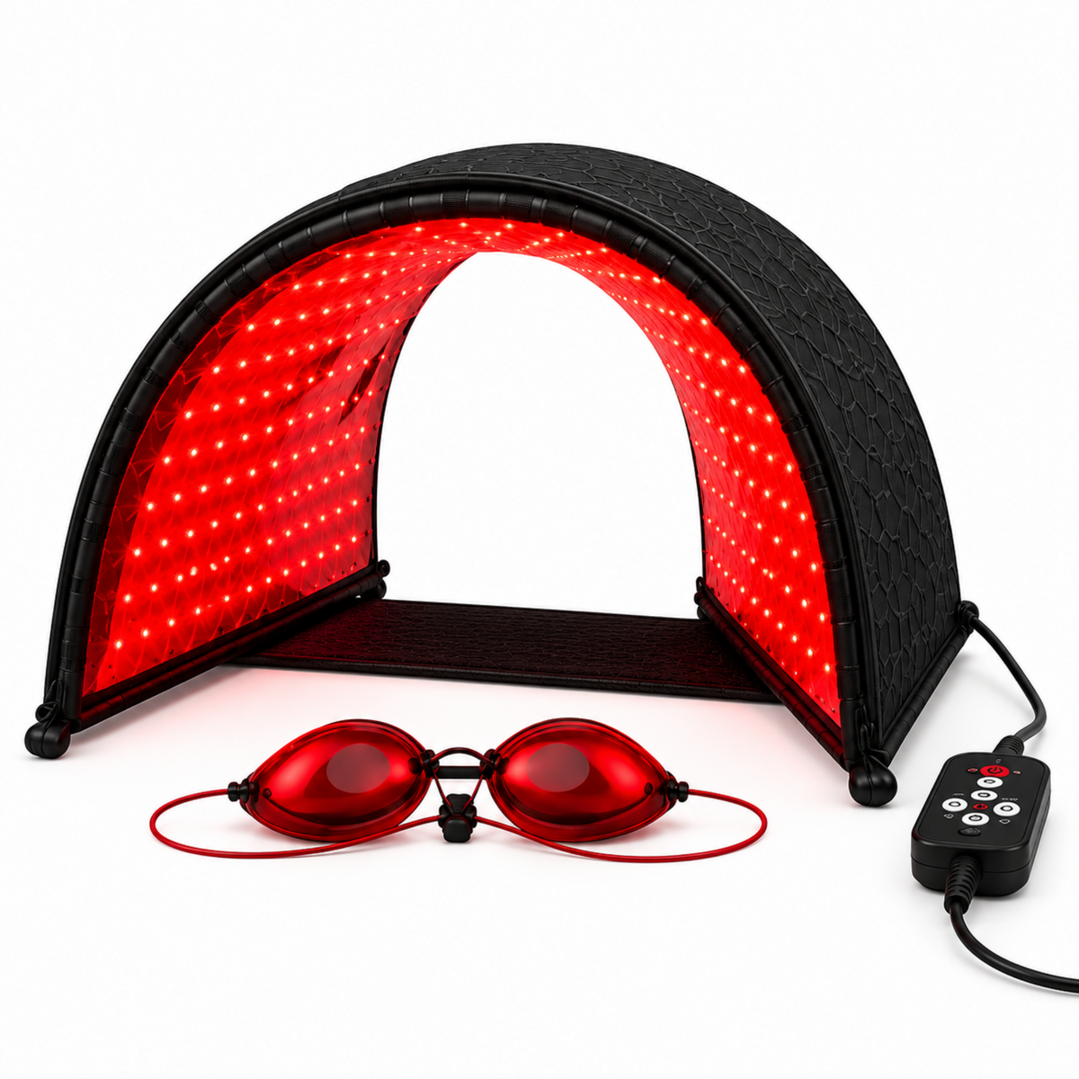 Red light therapy mask with a black textured frame, red LED light panels inside, red swim goggles, and a black remote control on a white background.
