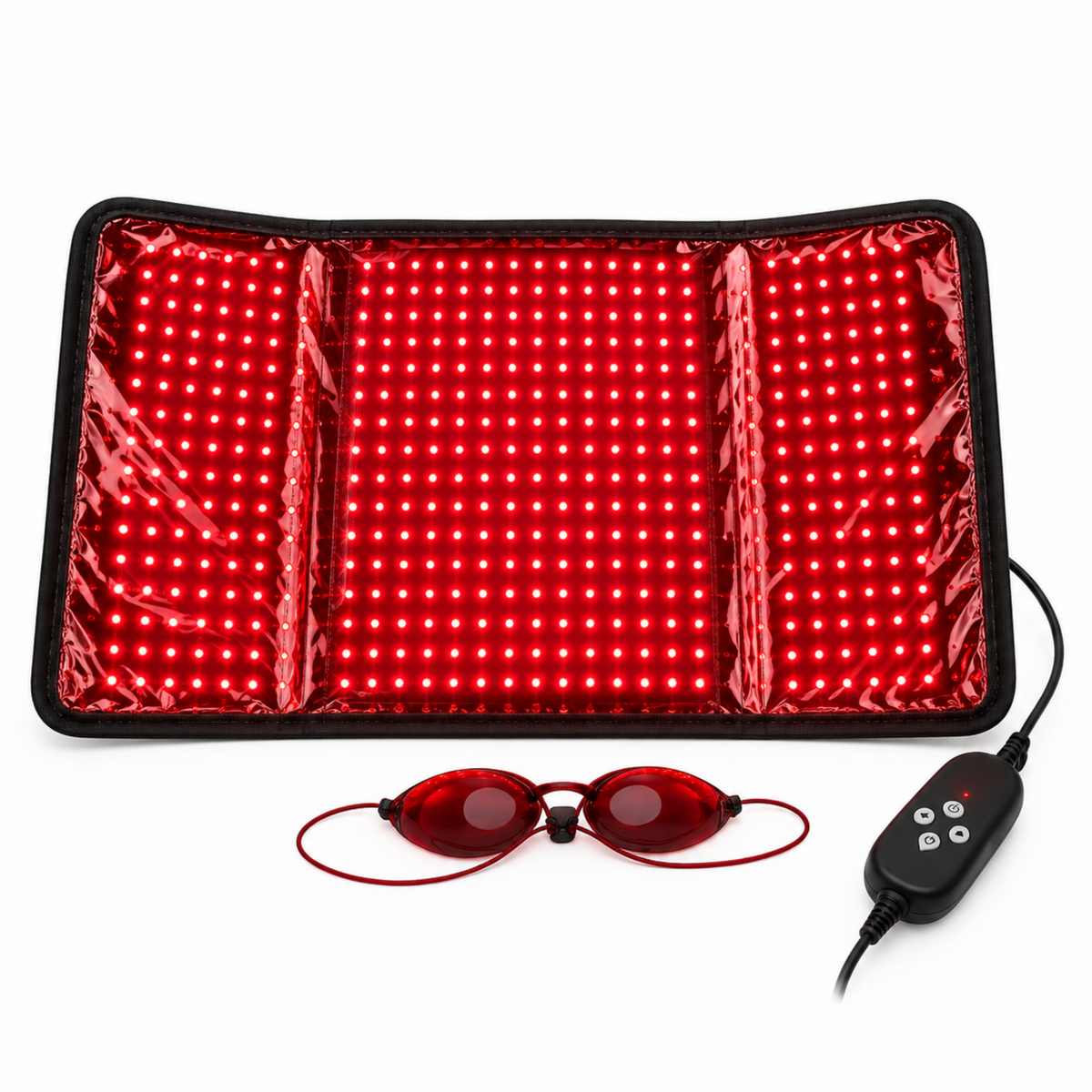 Red light therapy panel with three foldable sections, shown with red protective goggles and a black remote control on a white background.