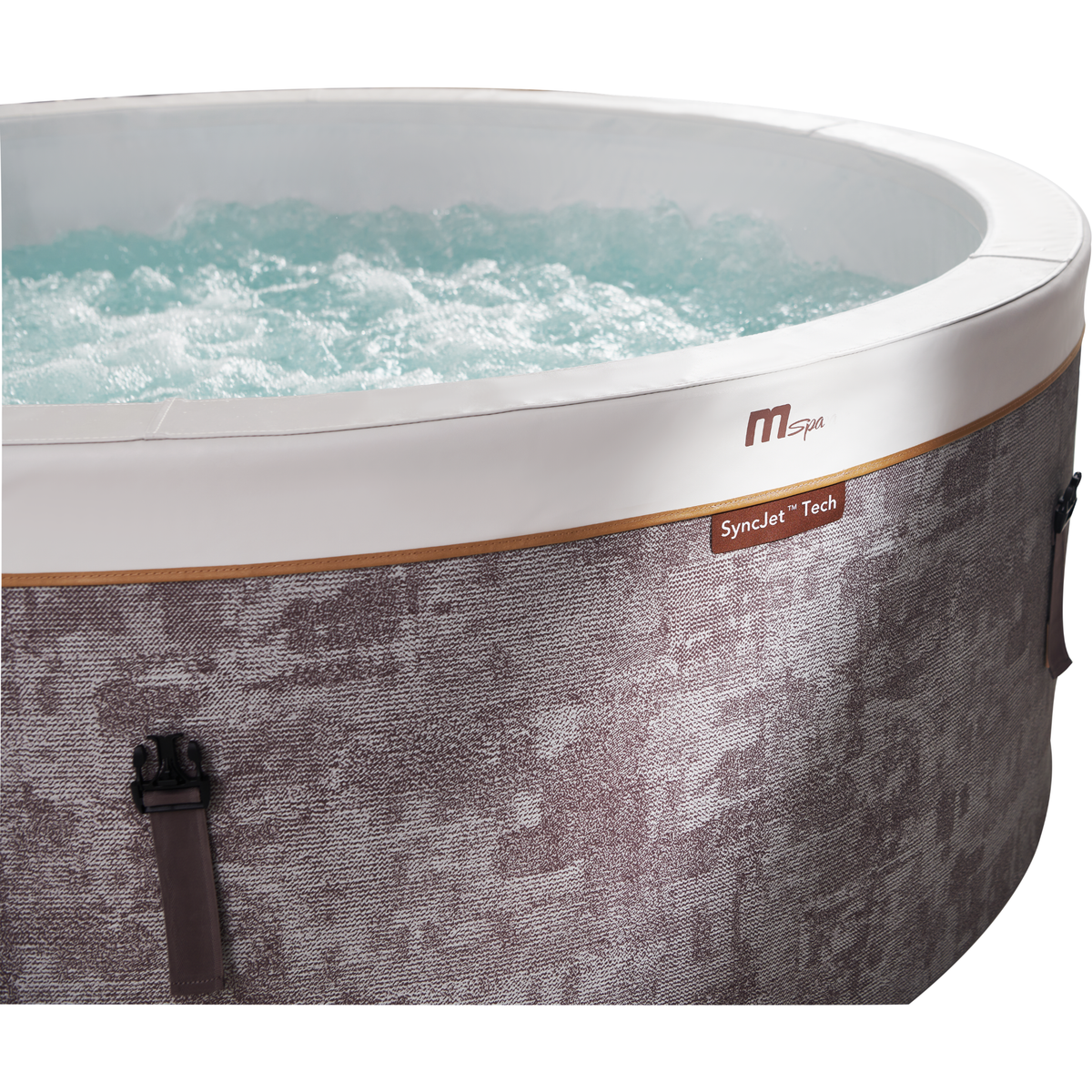 MSPA Cocoon rigid hot tub with SynCret™ Tech, featuring a textured exterior and bubbling water.