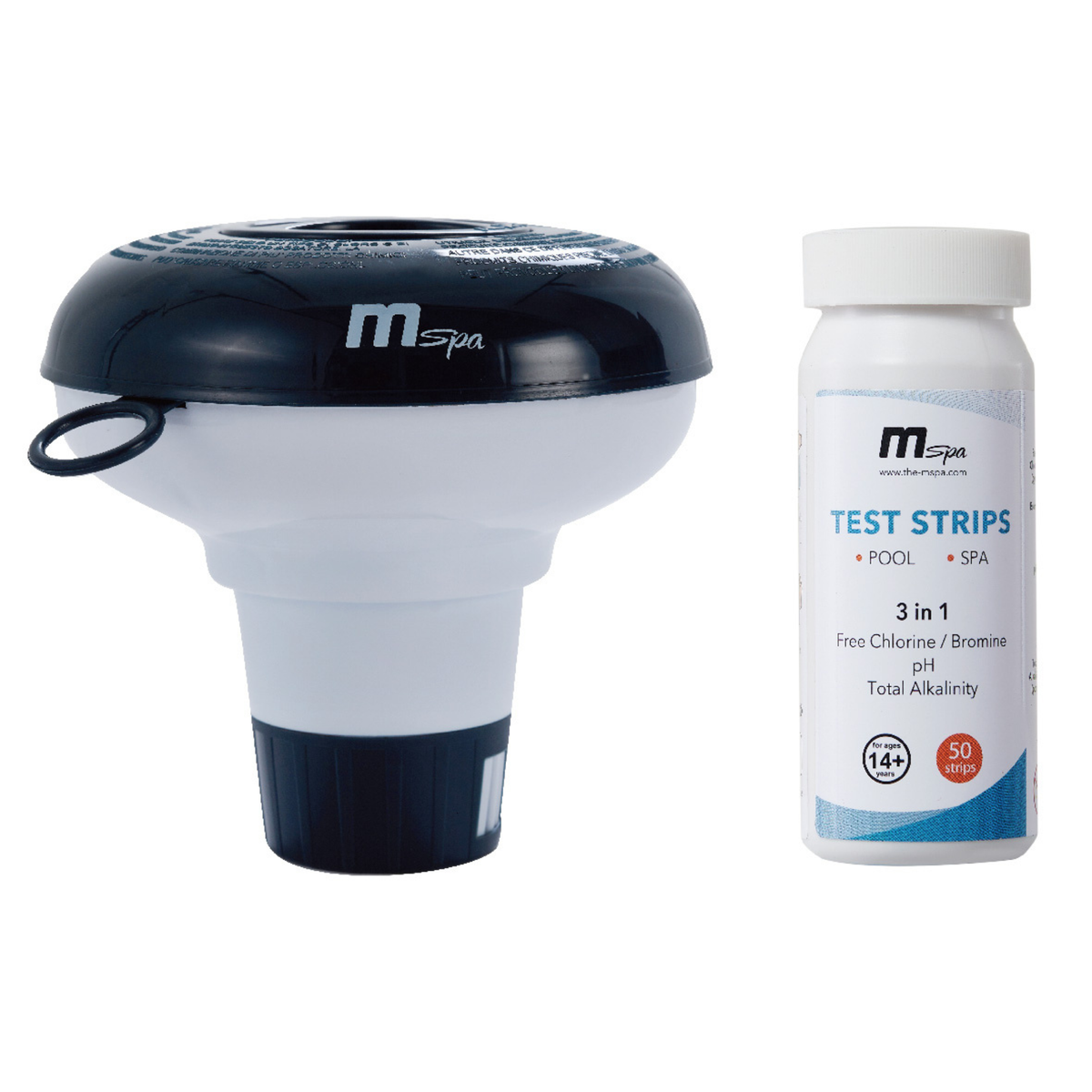 MSPA Cocoon rigid hot tub test strips and floating dispenser for pool and spa water testing and maintenance.