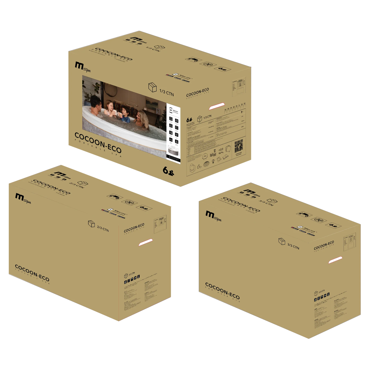 MSPA Cocoon rigid hot tub and spa packaging displayed from multiple angles, suitable for up to 6 persons.