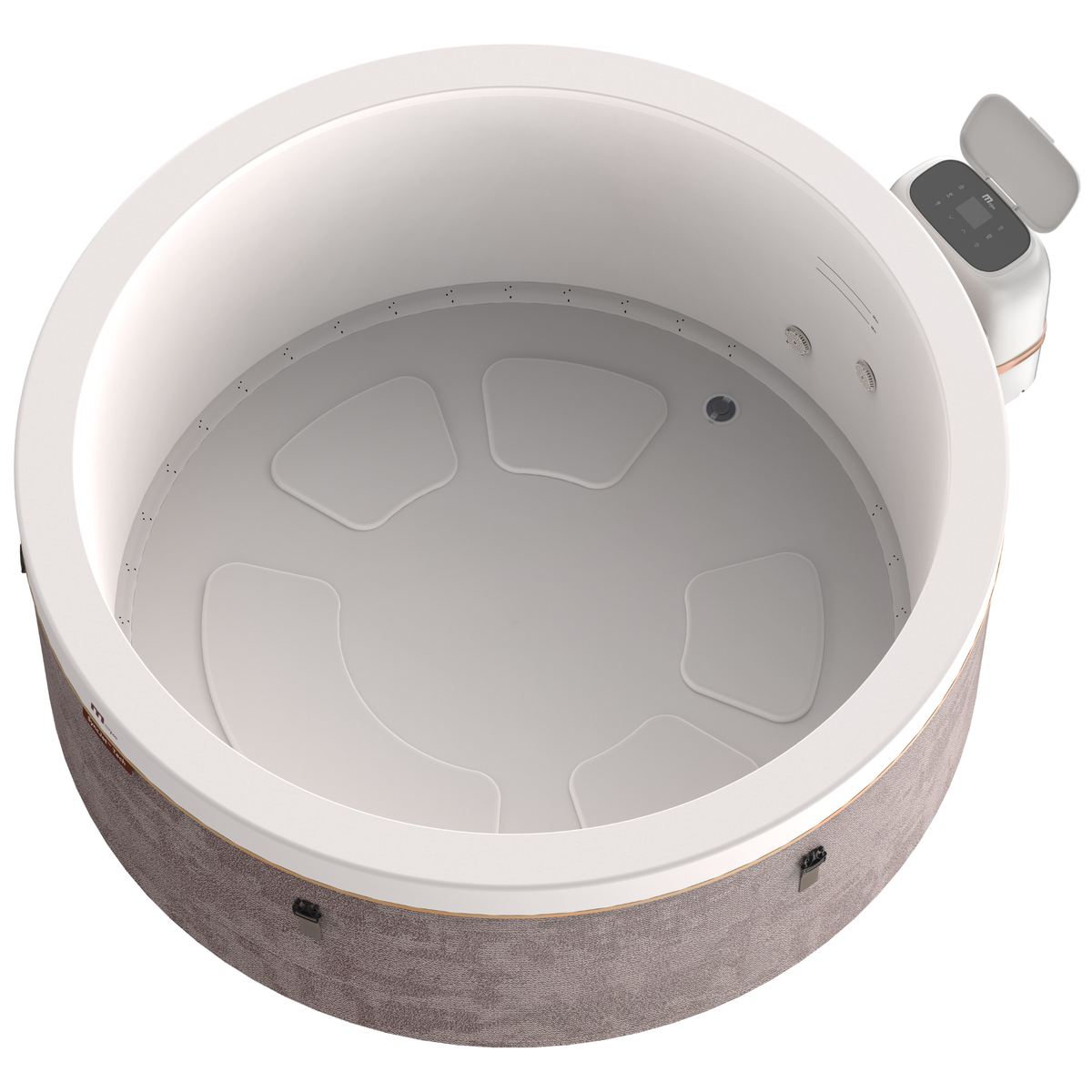 Inside view of the MSPA Cocoon rigid hot tub showcasing spacious design and control panel.