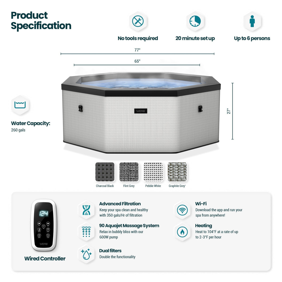 Hot tub specifications including dimensions, water capacity, and features on a white background.