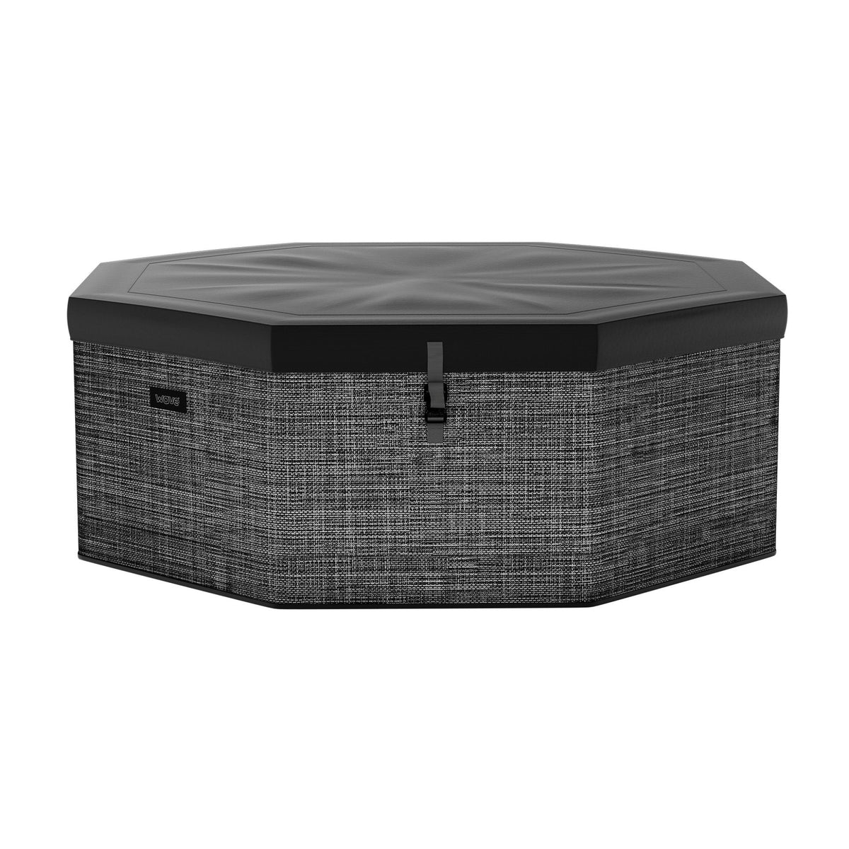 Hexagonal Wave Como Eco Foam Hot Tub with a black cover on a white background