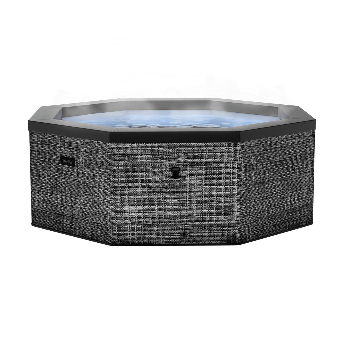 Hexagonal Wave Como Eco Foam Hot Tub with wicker exterior on a white background