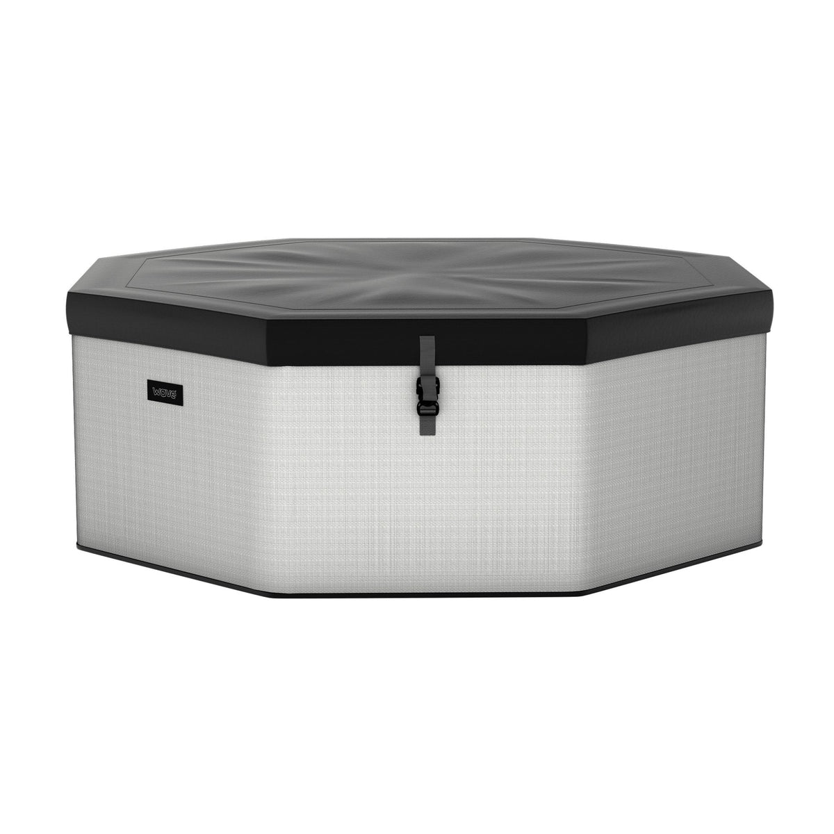 Hexagonal Wave Como Eco Foam Hot Tub with a black cover on a white background