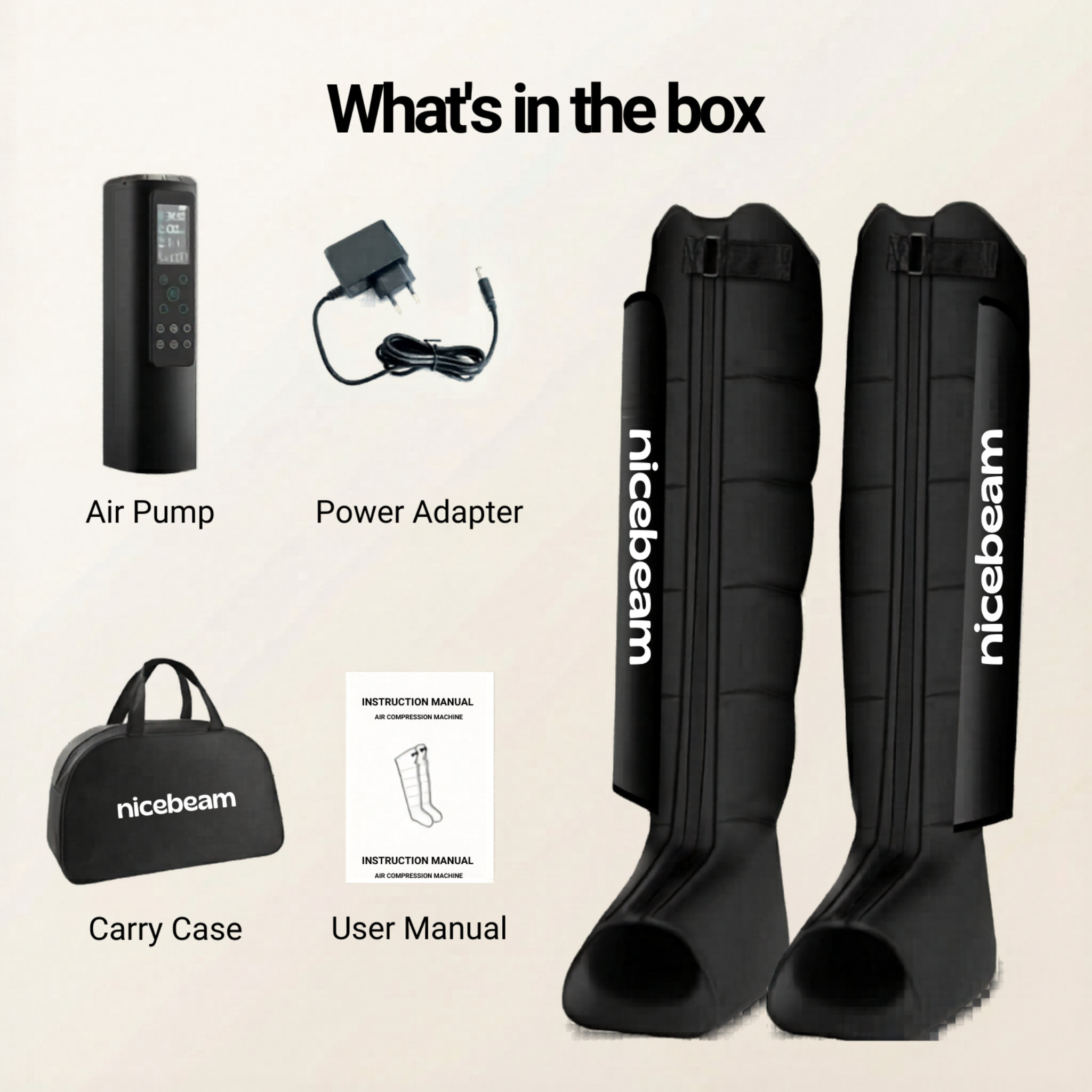 List of items included in a box with Nicebeam branding on black shin guards, air pump, power adapter, carry case, and user manual.