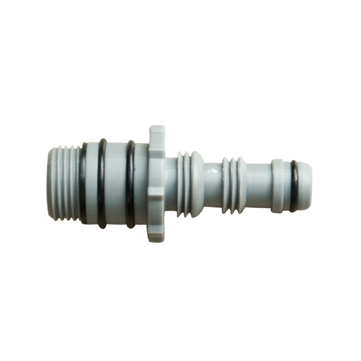 Rigid hot tub connector fitting with multiple O-rings for secure attachment.