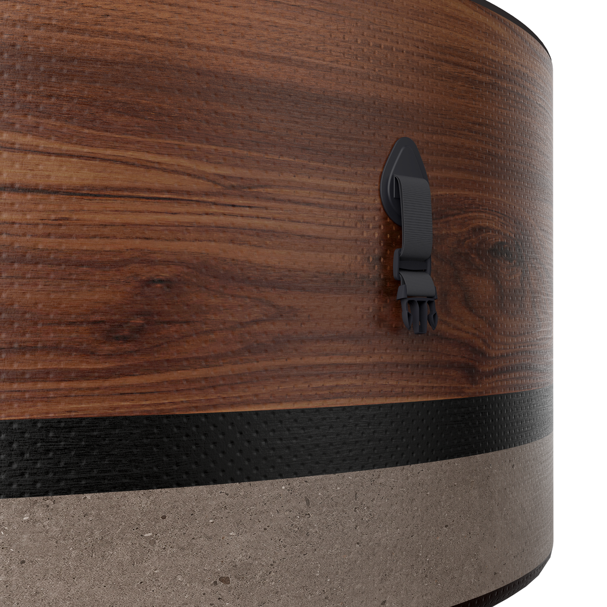 Close-up of the wood and stone design on a rigid hot tub from the Verto Series, showcasing its elegant finish.
