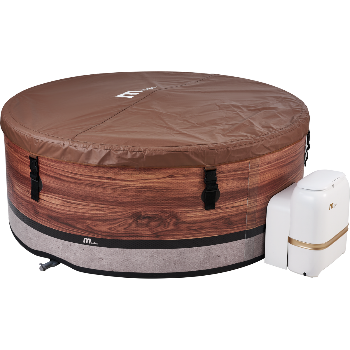 MSPA DUET Verto Series rigid hot tub with a brown cover and white control unit, suitable for up to 6 people.