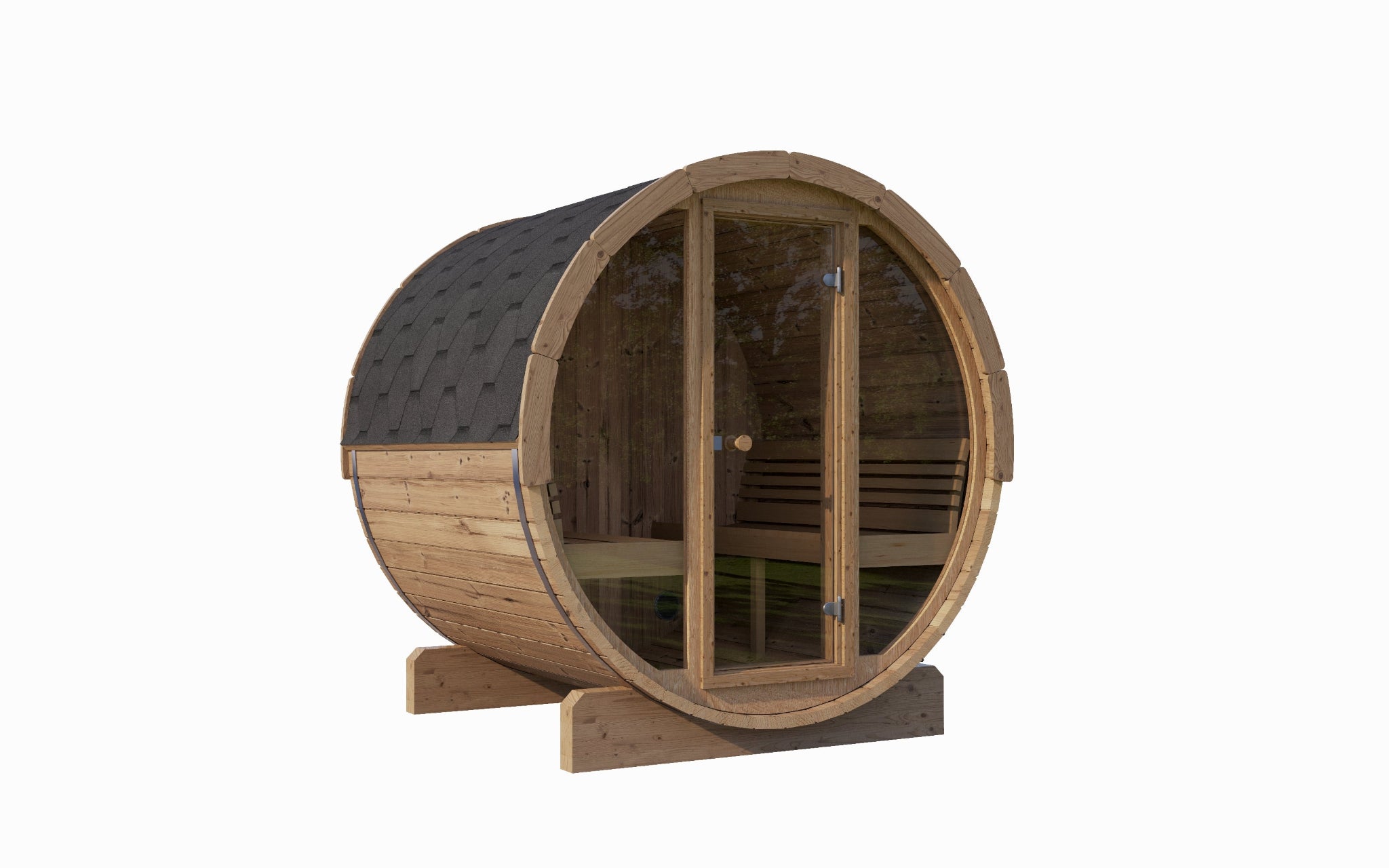 SaunaLife E8G barrel sauna with glass front —side angle