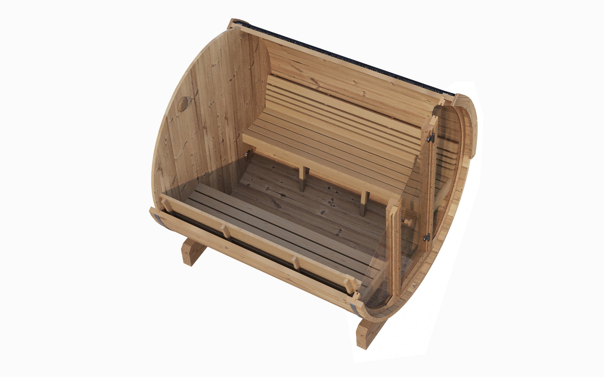 SaunaLife E8G barrel sauna with glass front — internal view benches