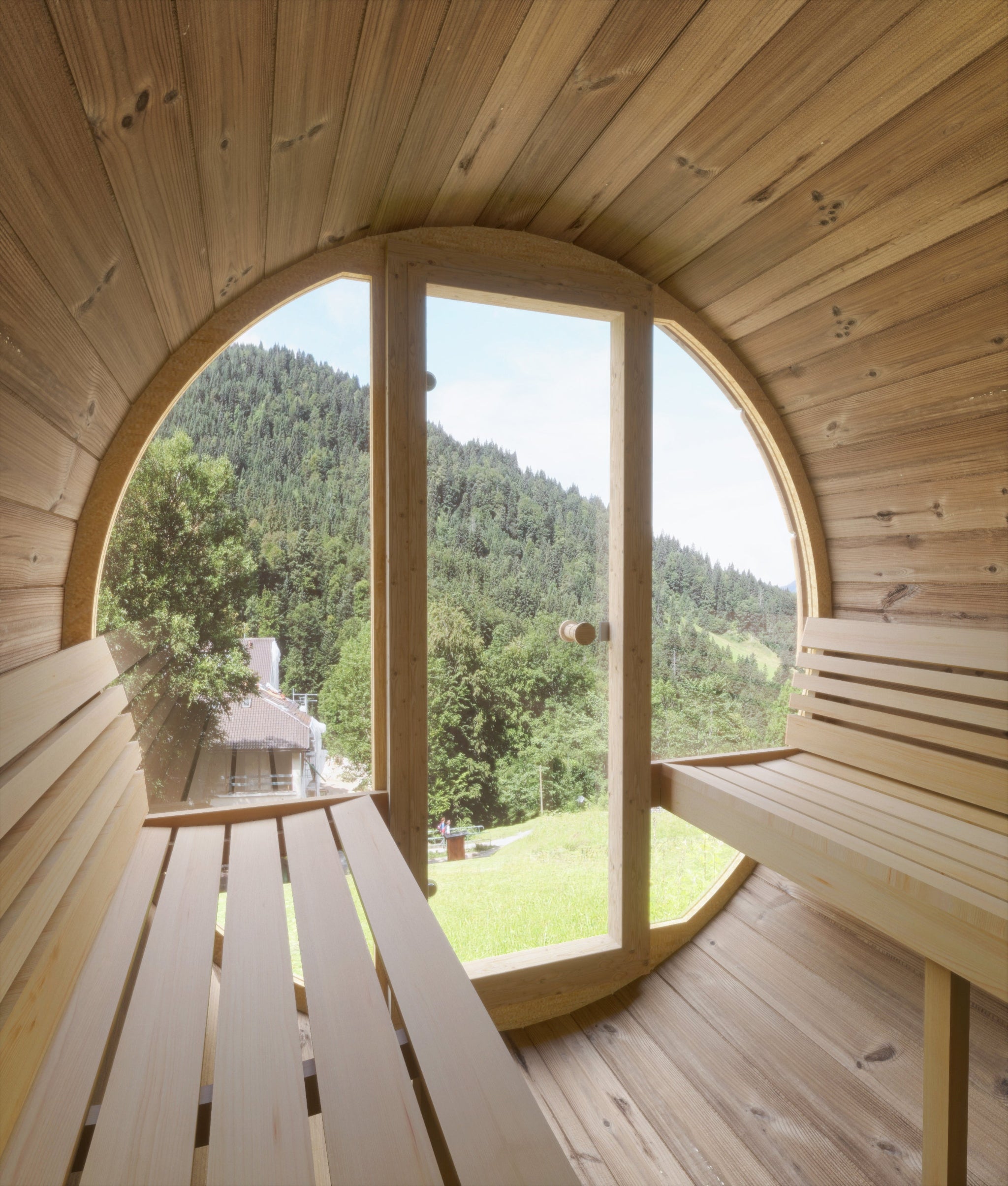 SaunaLife E8G barrel sauna with glass front —interior window lifestyle view