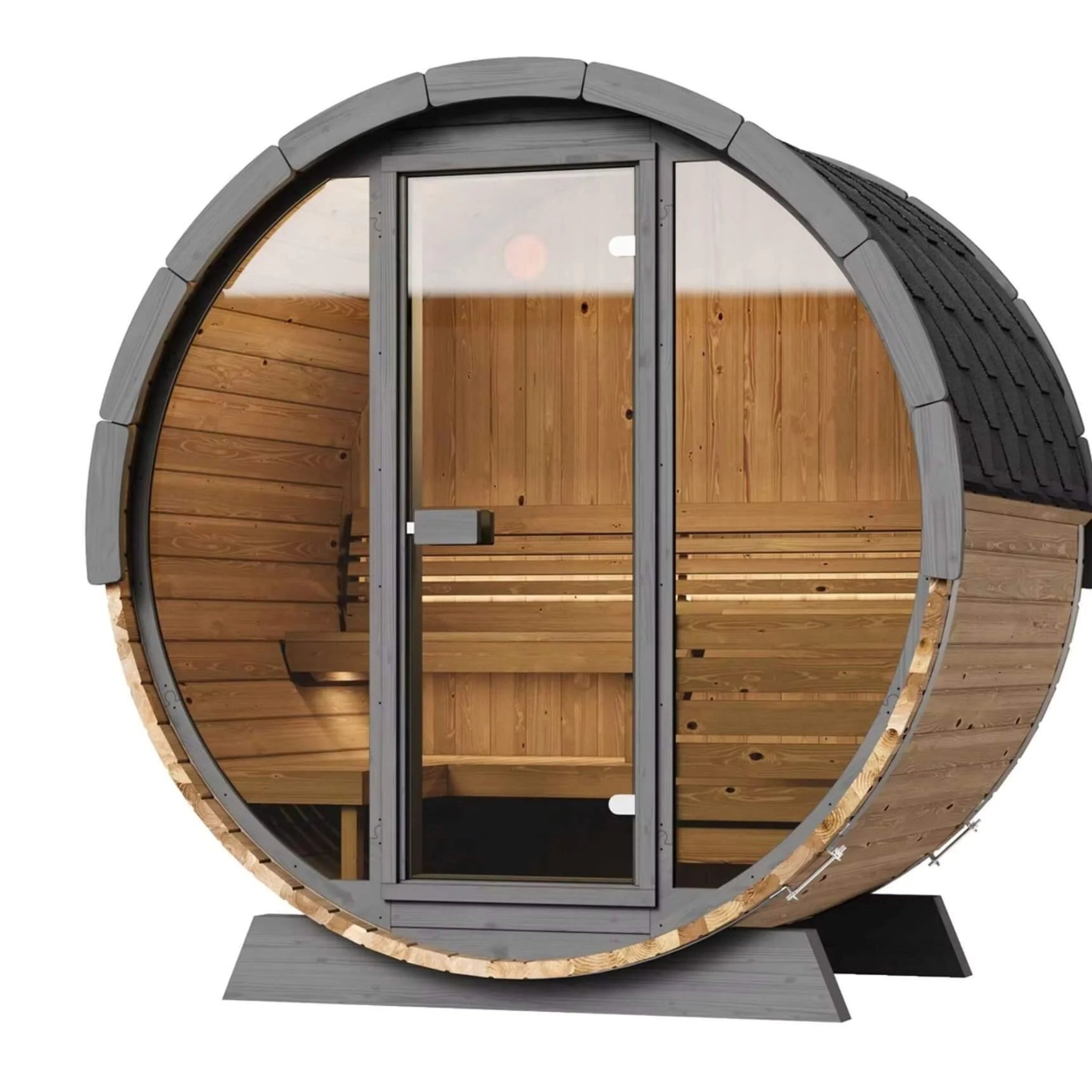 SaunaLife EE6G outdoor barrel sauna — exterior front view