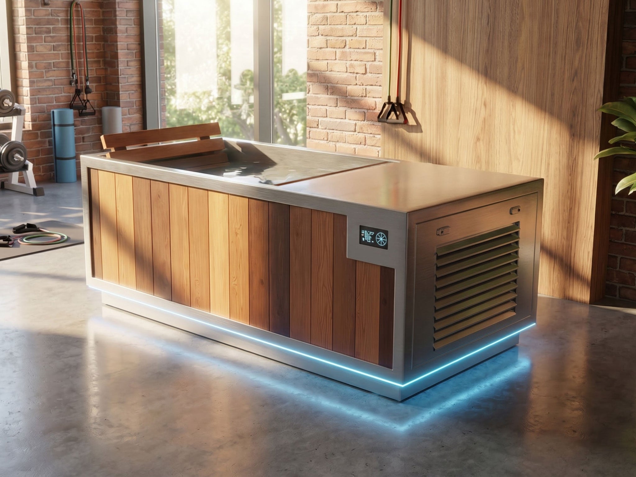 A modern Finnmark plunge tub shown in a rustic indoor-outdoor space with brick walls and concrete floor.