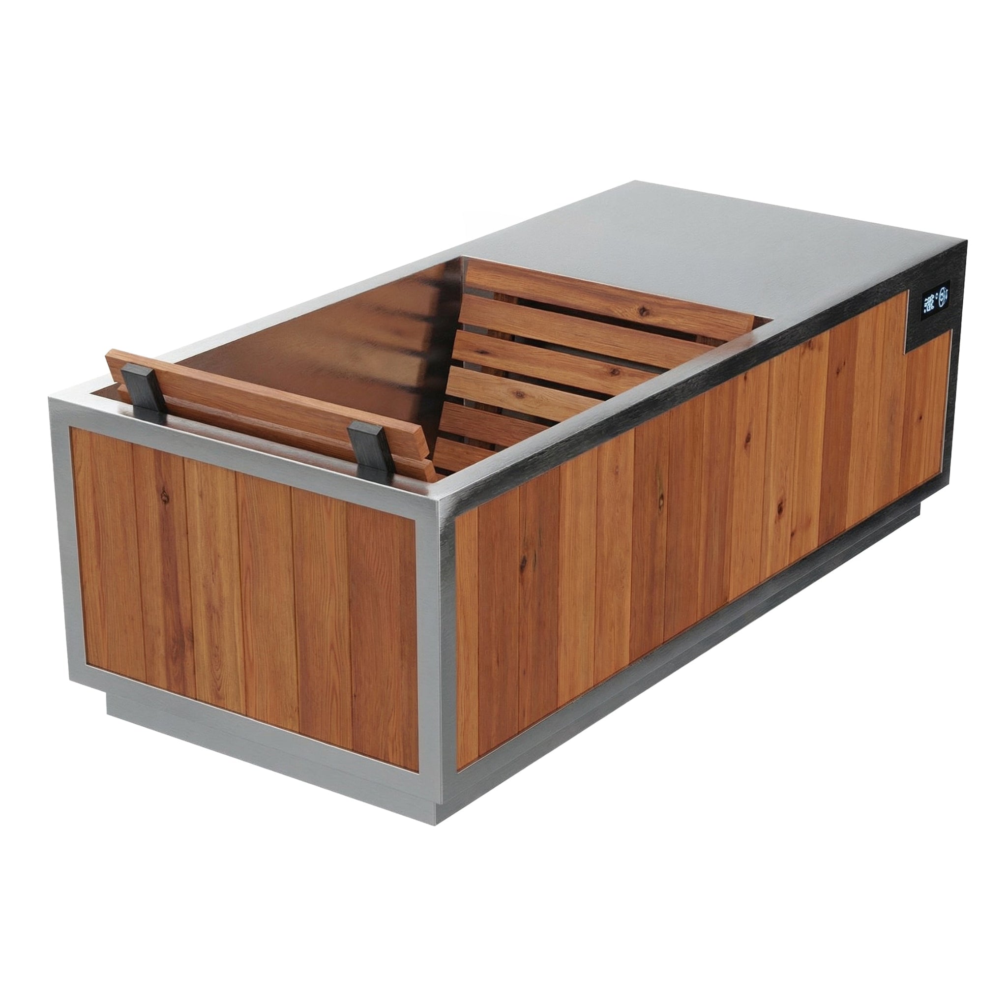 Finnmark plunge tub with a brushed silver metal frame and wood-look paneling, 