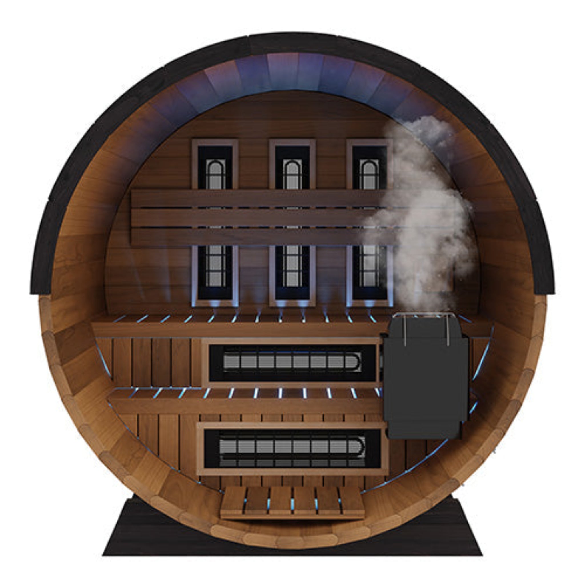 Finnmark FD-6 combination barrel sauna front view open door with steam and LED lighting