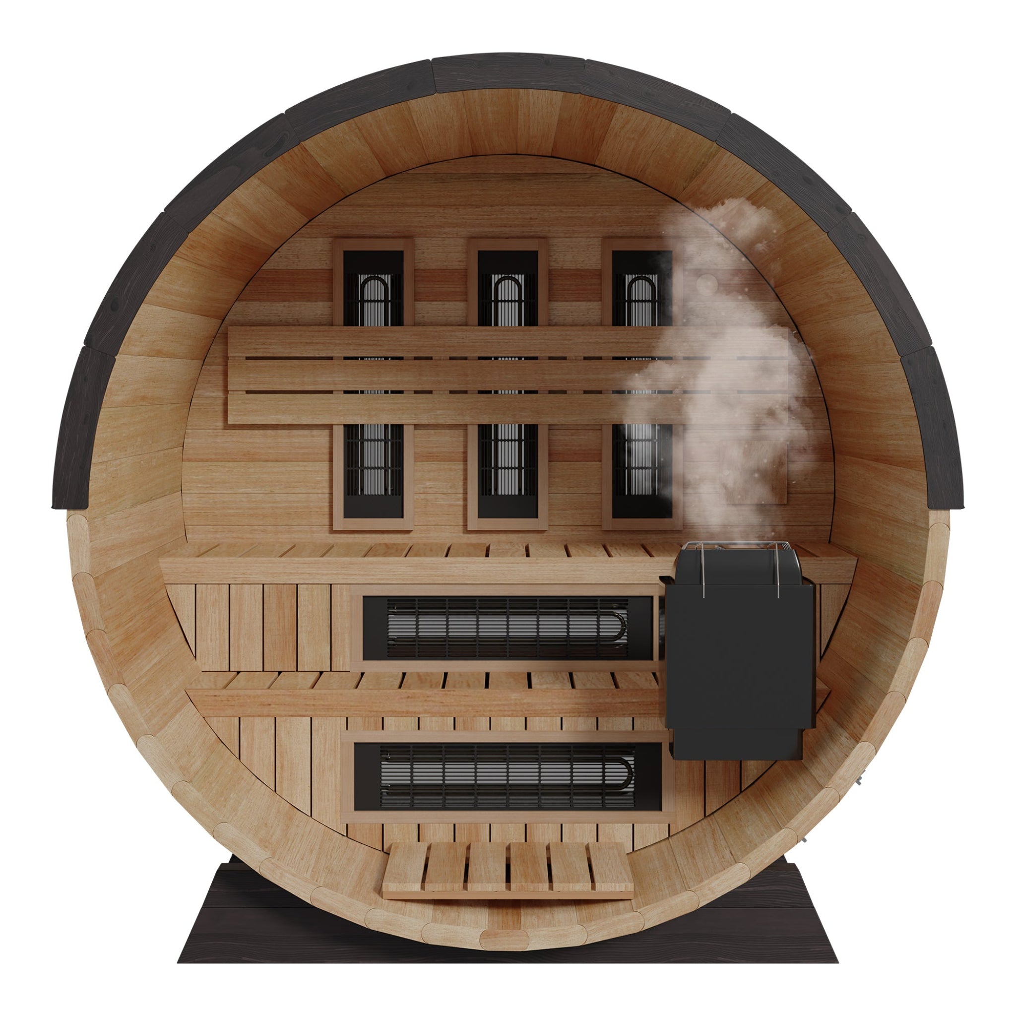 Finnmark FD-7 combination barrel sauna front view open door with steam, Thermo-Aspen
