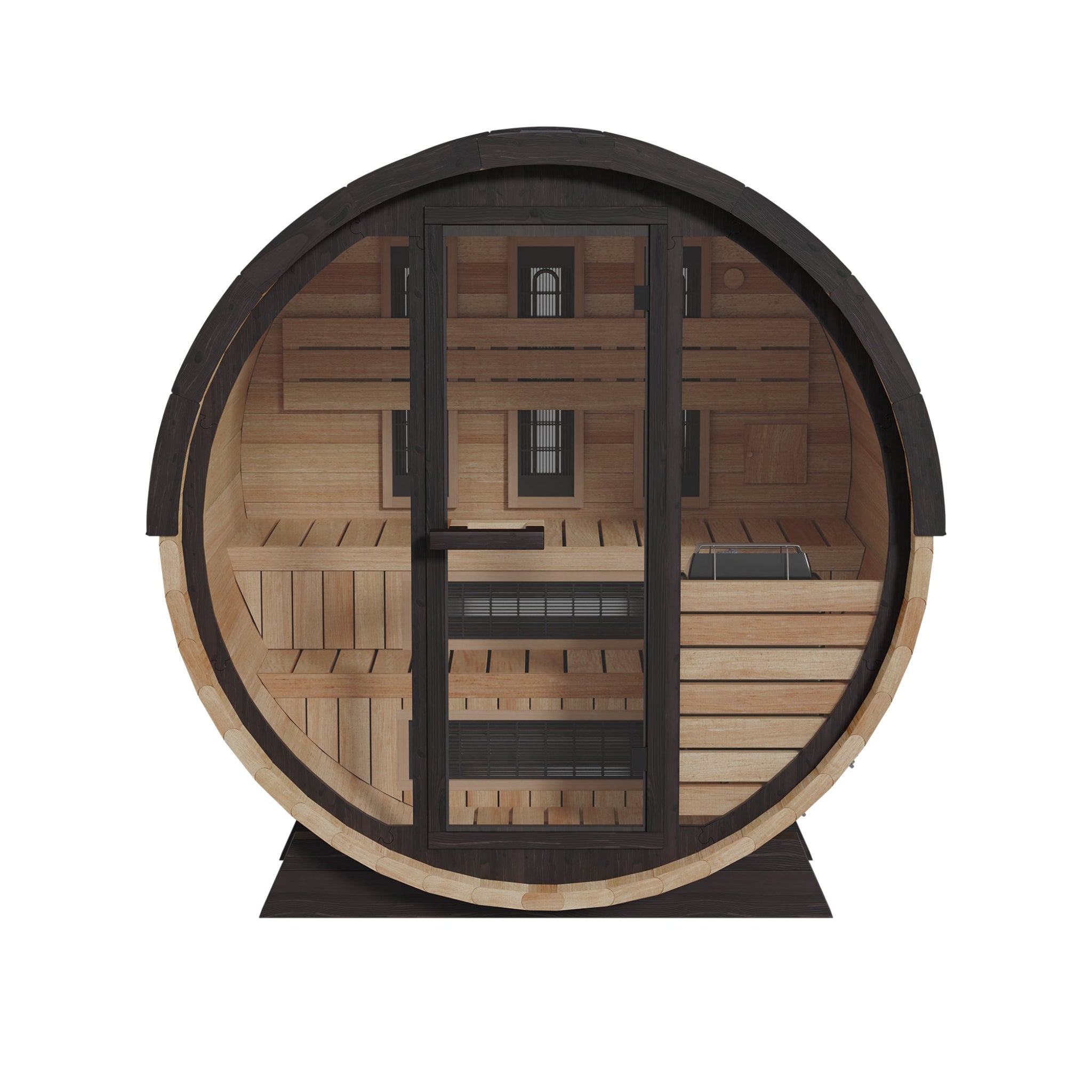 Finnmark FD-7 combination infrared and steam barrel sauna front view, Thermo-Aspen