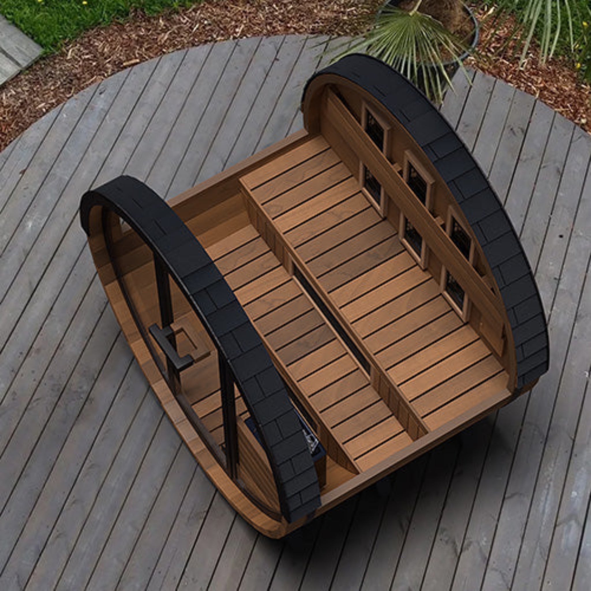 Finnmark FD-6 combination barrel sauna outdoor daytime open door view
