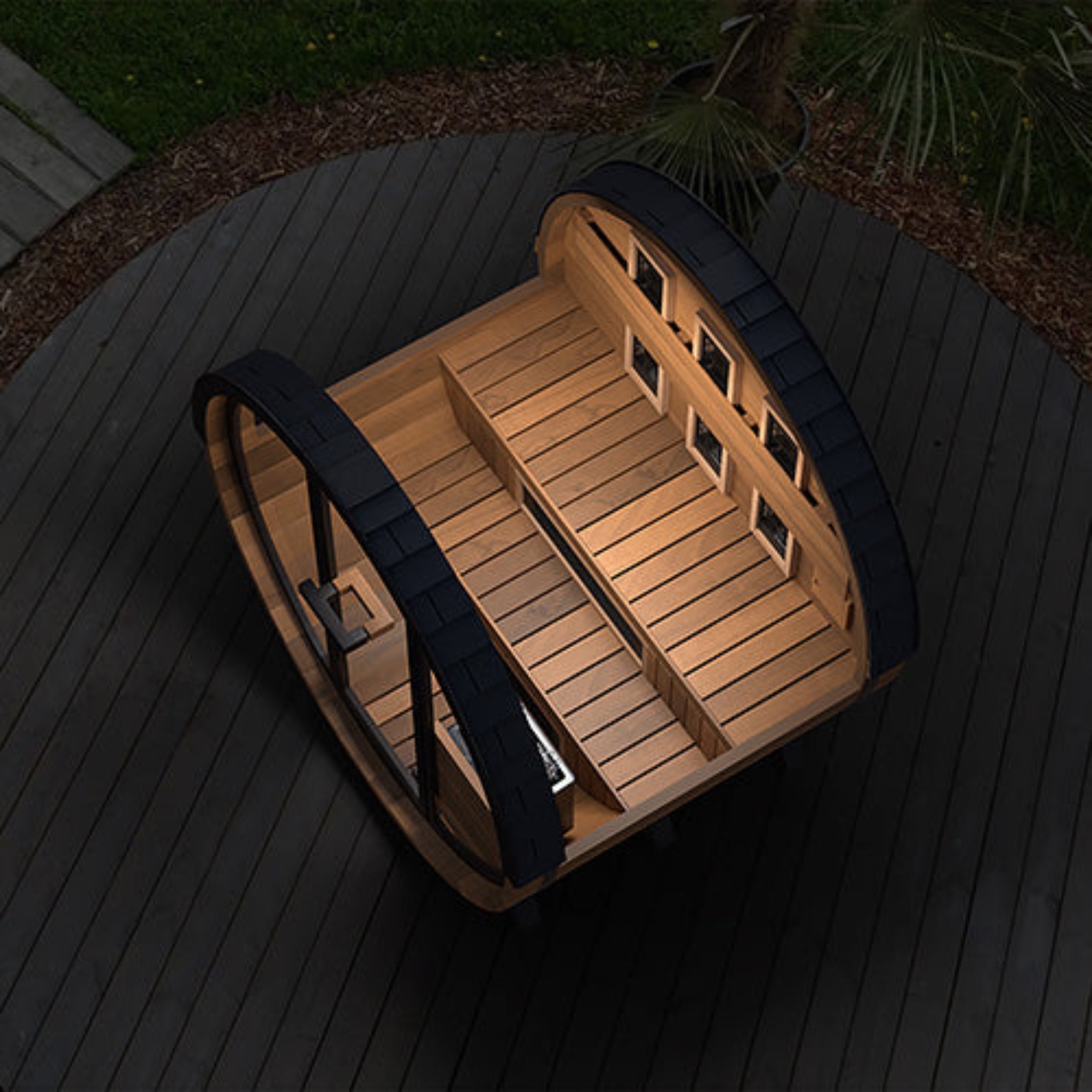 Finnmark FD-6 combination barrel sauna outdoor night view open door
