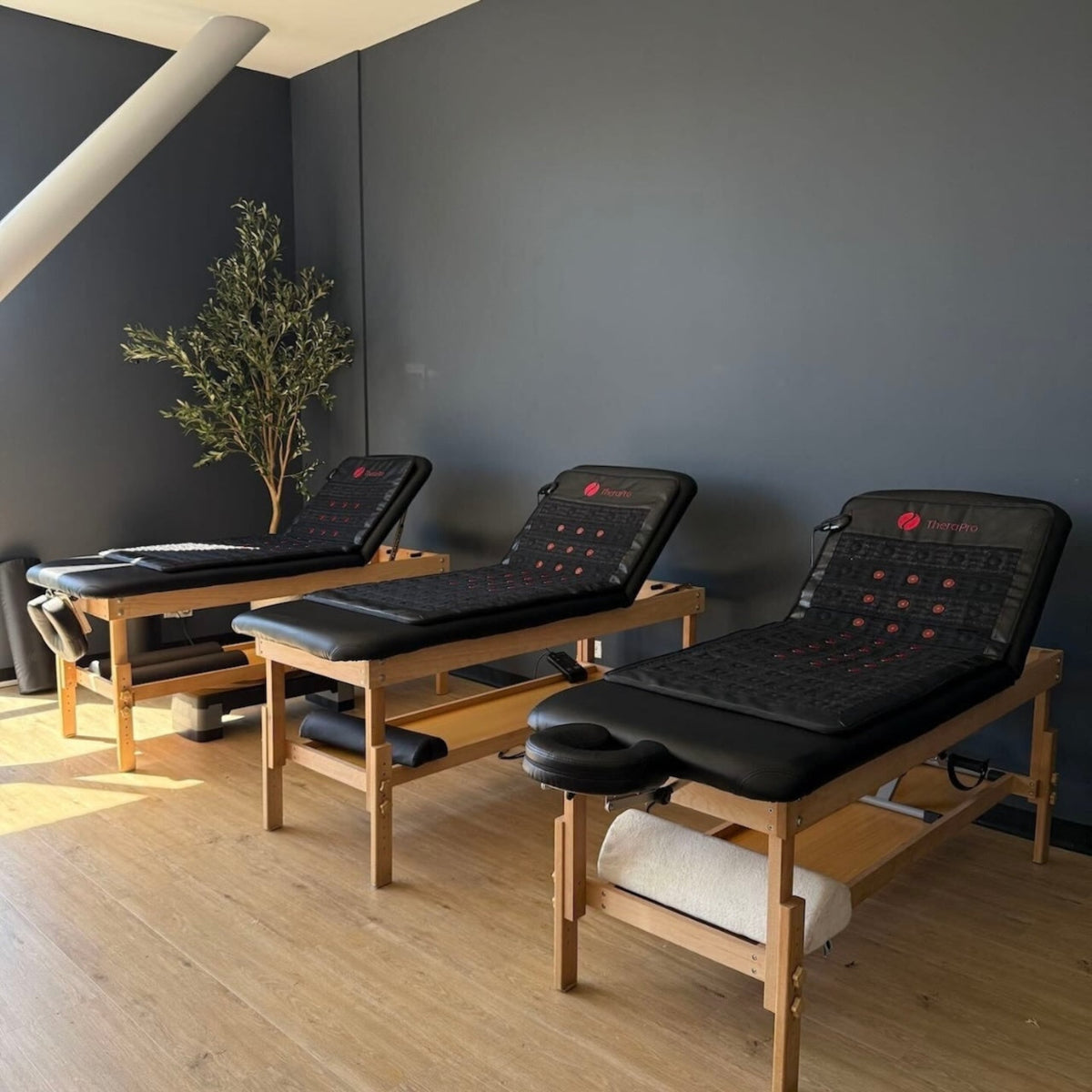 Three TheraPro red light therapy pads set up in a calming room with wooden tables and greenery.