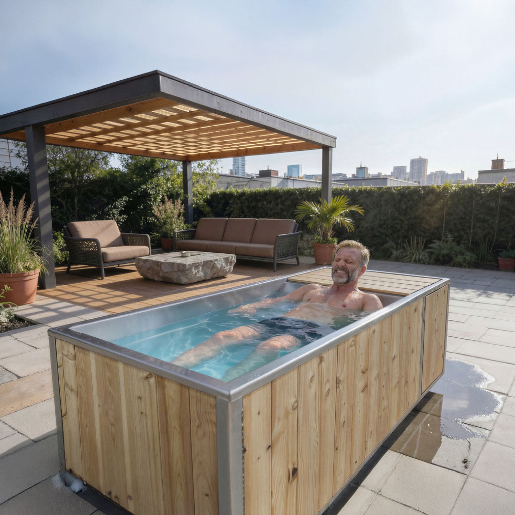 Man enjoying the Dundalk LeisureCraft Flow Cold Plunge | Cedar & Stainless Steel in a stylish outdoor setting.