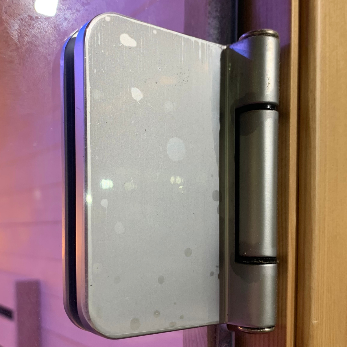 Close-up of a stainless steel hinge on a glass door of a Full Spectrum Indoor Sauna.