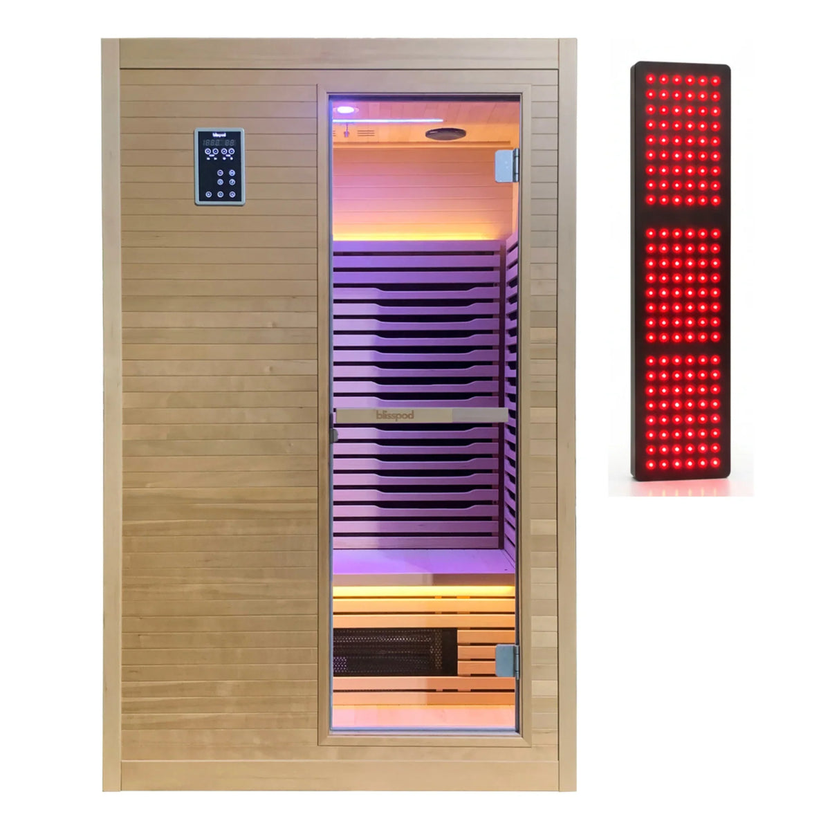 Full Spectrum Indoor Sauna with red light therapy panel designed for 2-person use, featuring a wooden structure and digital controls.